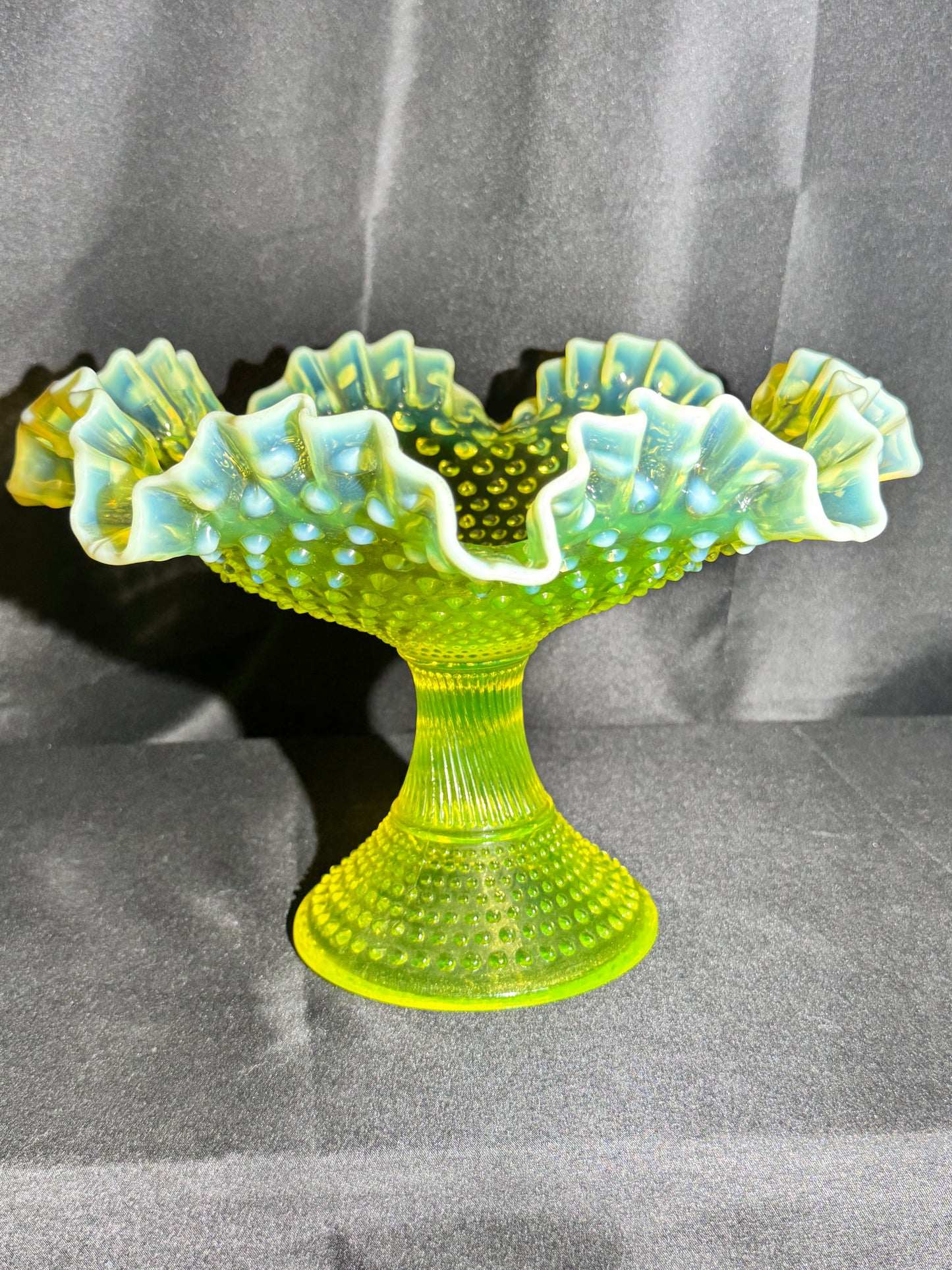 Uranium Fenton Hobnail Topaz Opalescent Ruffled Compote – 11” Wide x 11.5” Tall