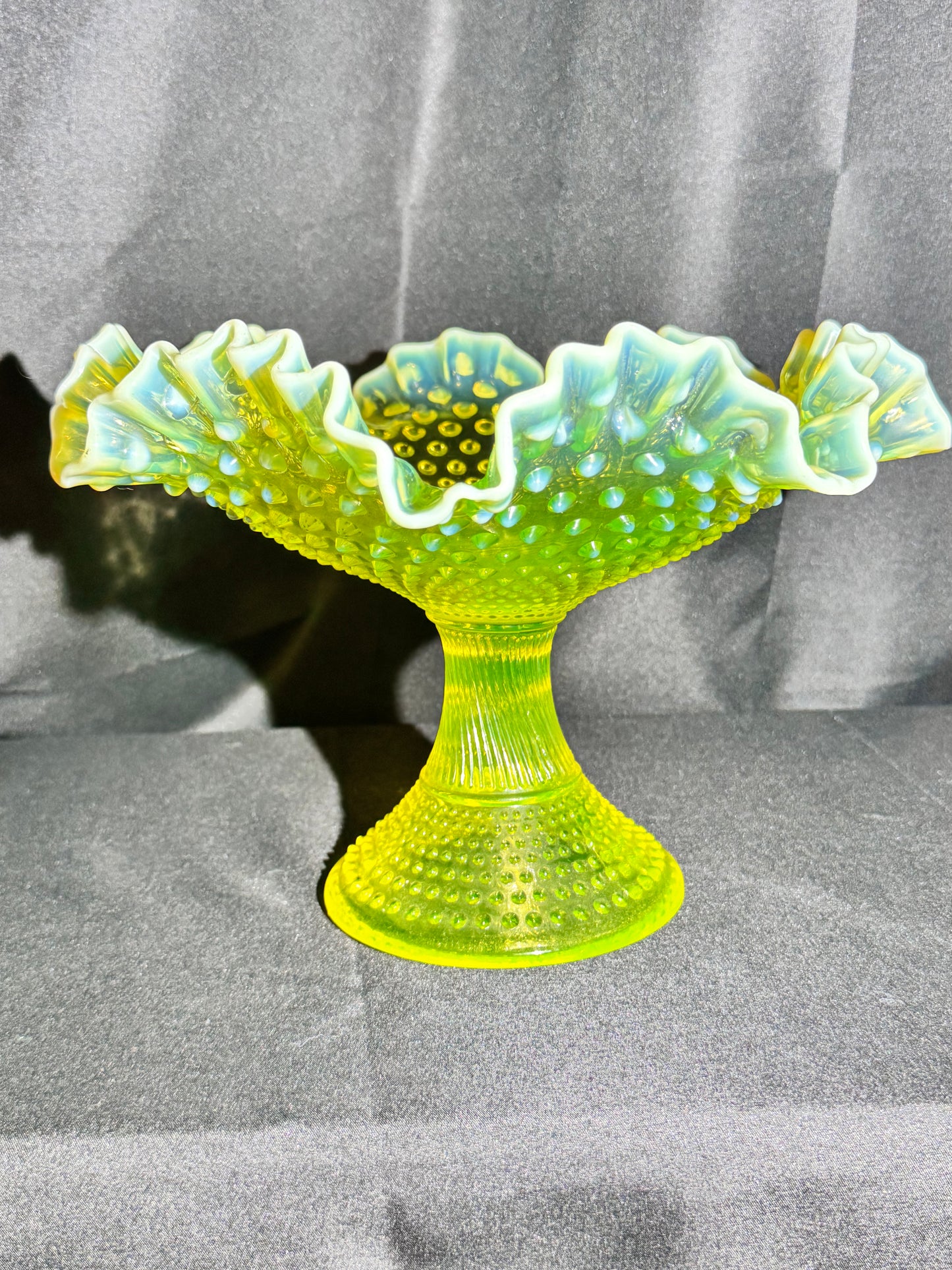 Uranium Fenton Hobnail Topaz Opalescent Ruffled Compote – 11” Wide x 11.5” Tall