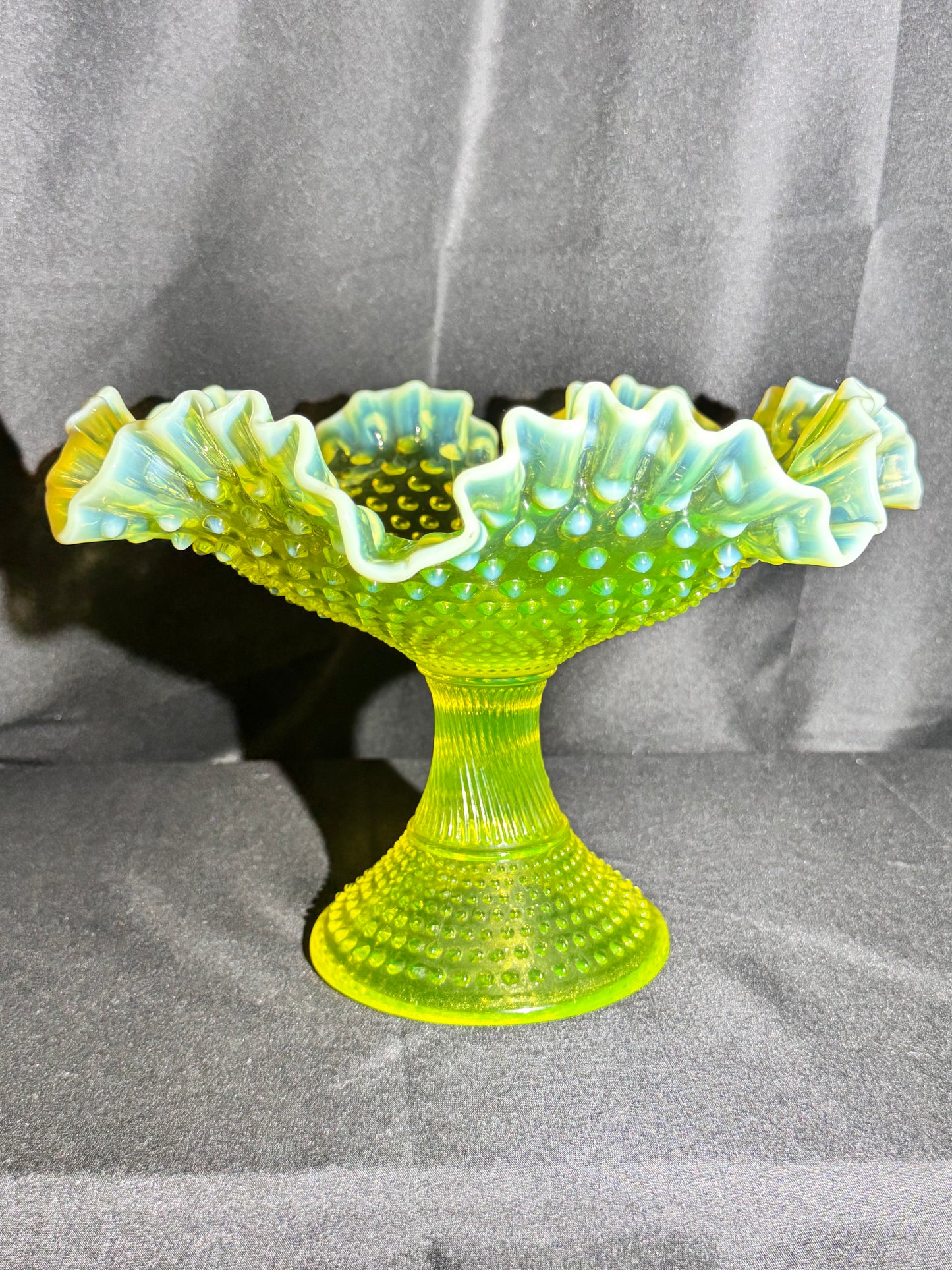 Uranium Fenton Hobnail Topaz Opalescent Ruffled Compote – 11” Wide x 11.5” Tall
