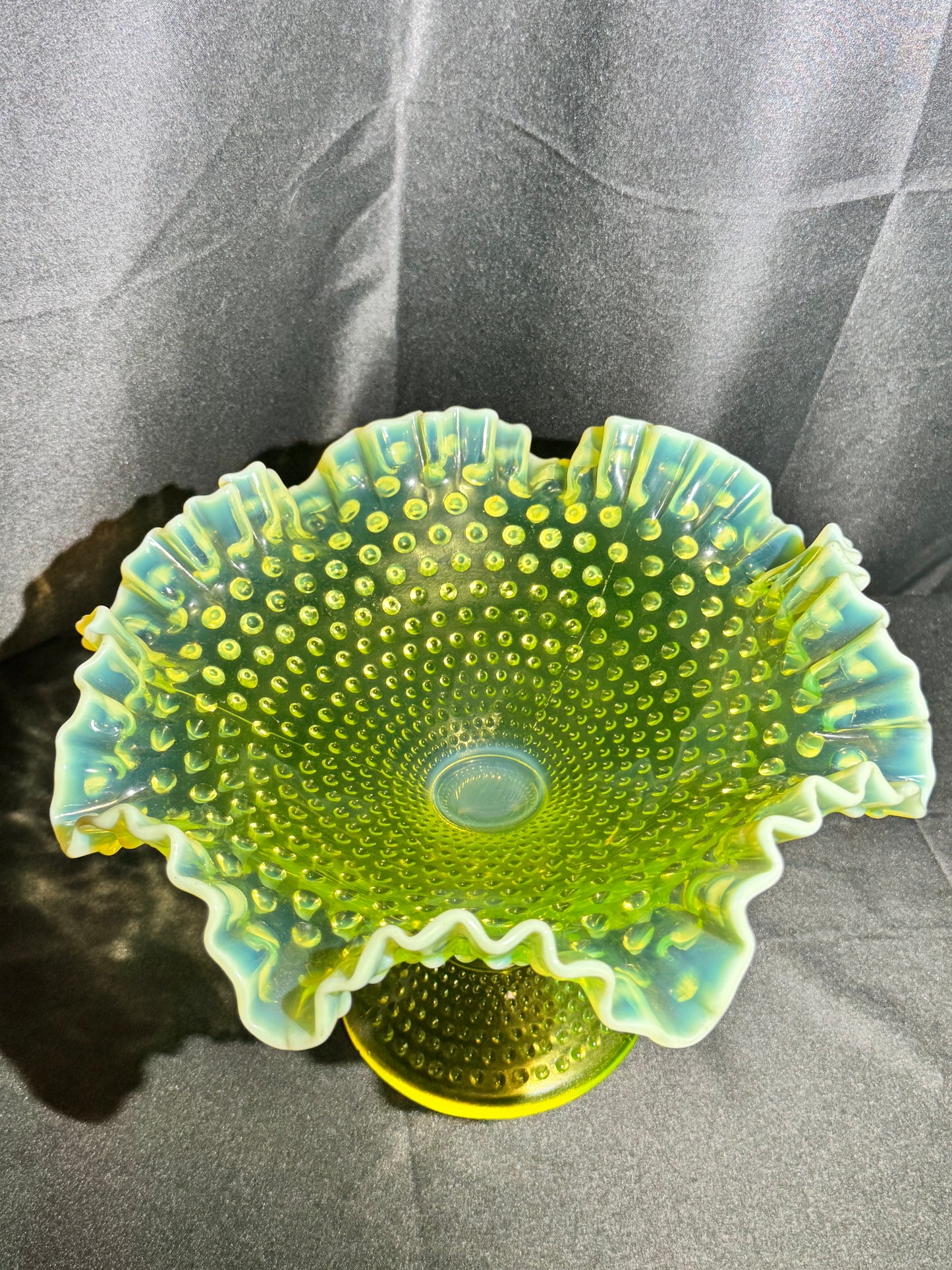 Uranium Fenton Hobnail Topaz Opalescent Ruffled Compote – 11” Wide x 11.5” Tall