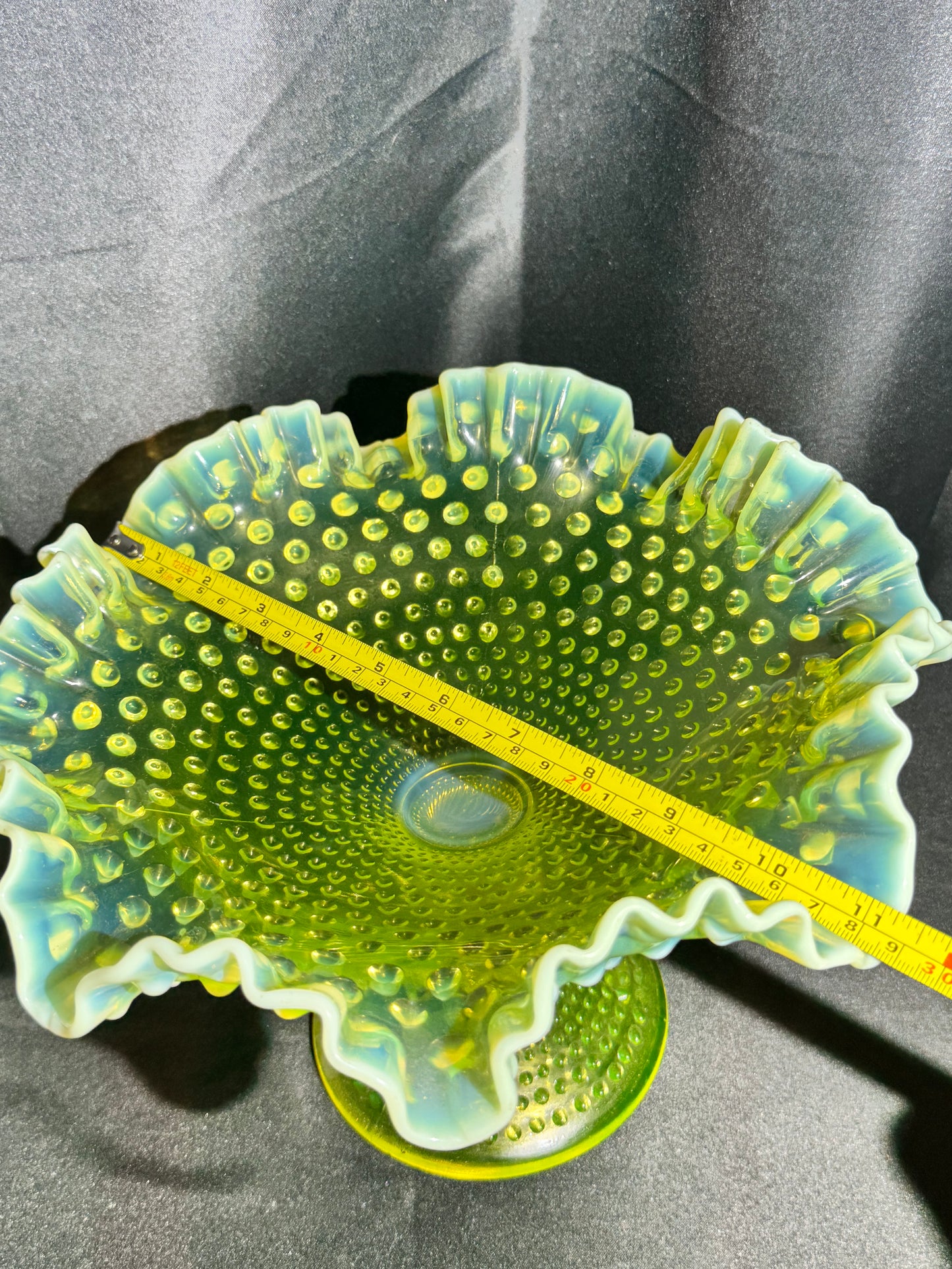 Uranium Fenton Hobnail Topaz Opalescent Ruffled Compote – 11” Wide x 11.5” Tall