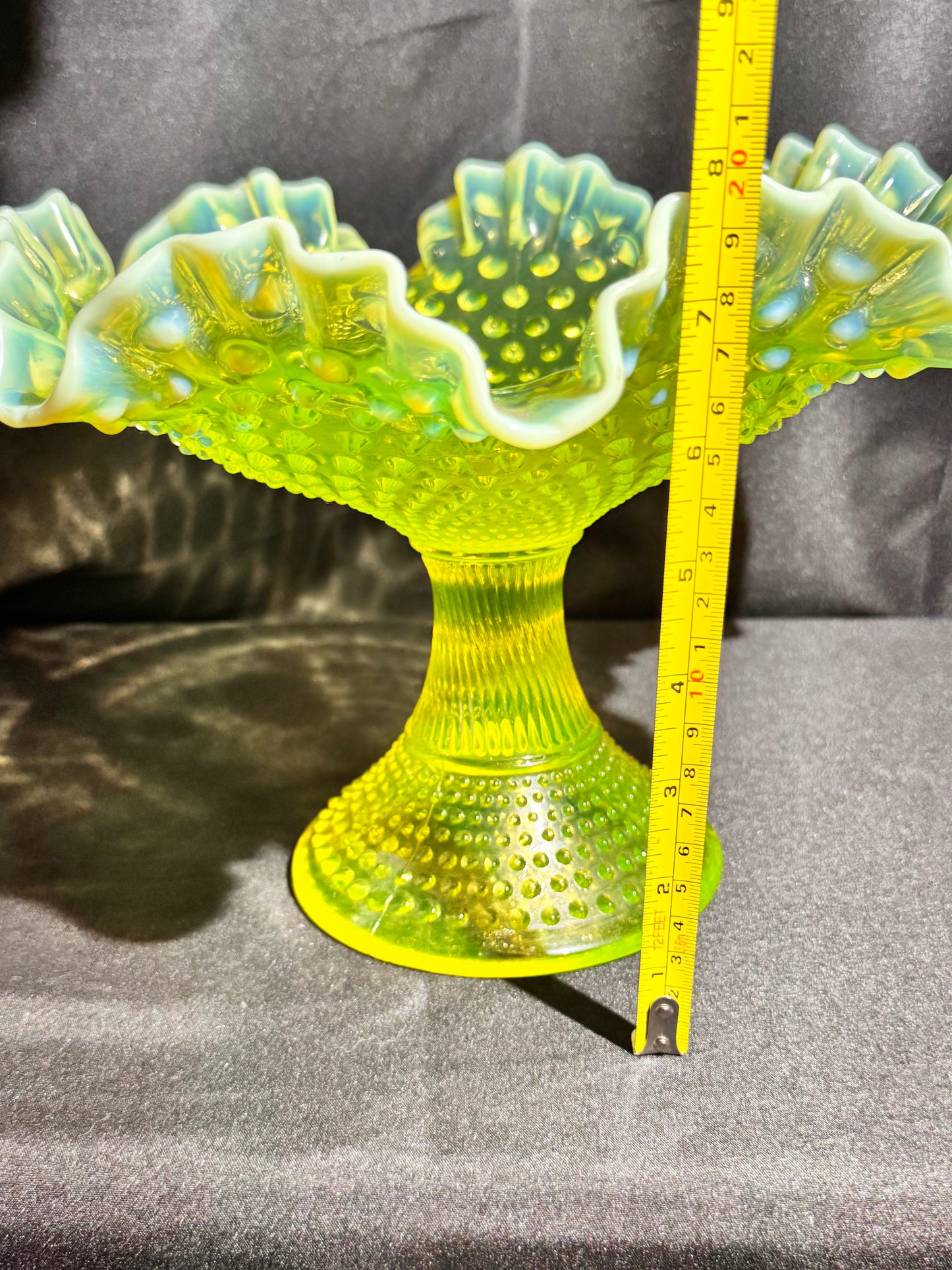 Uranium Fenton Hobnail Topaz Opalescent Ruffled Compote – 11” Wide x 11.5” Tall