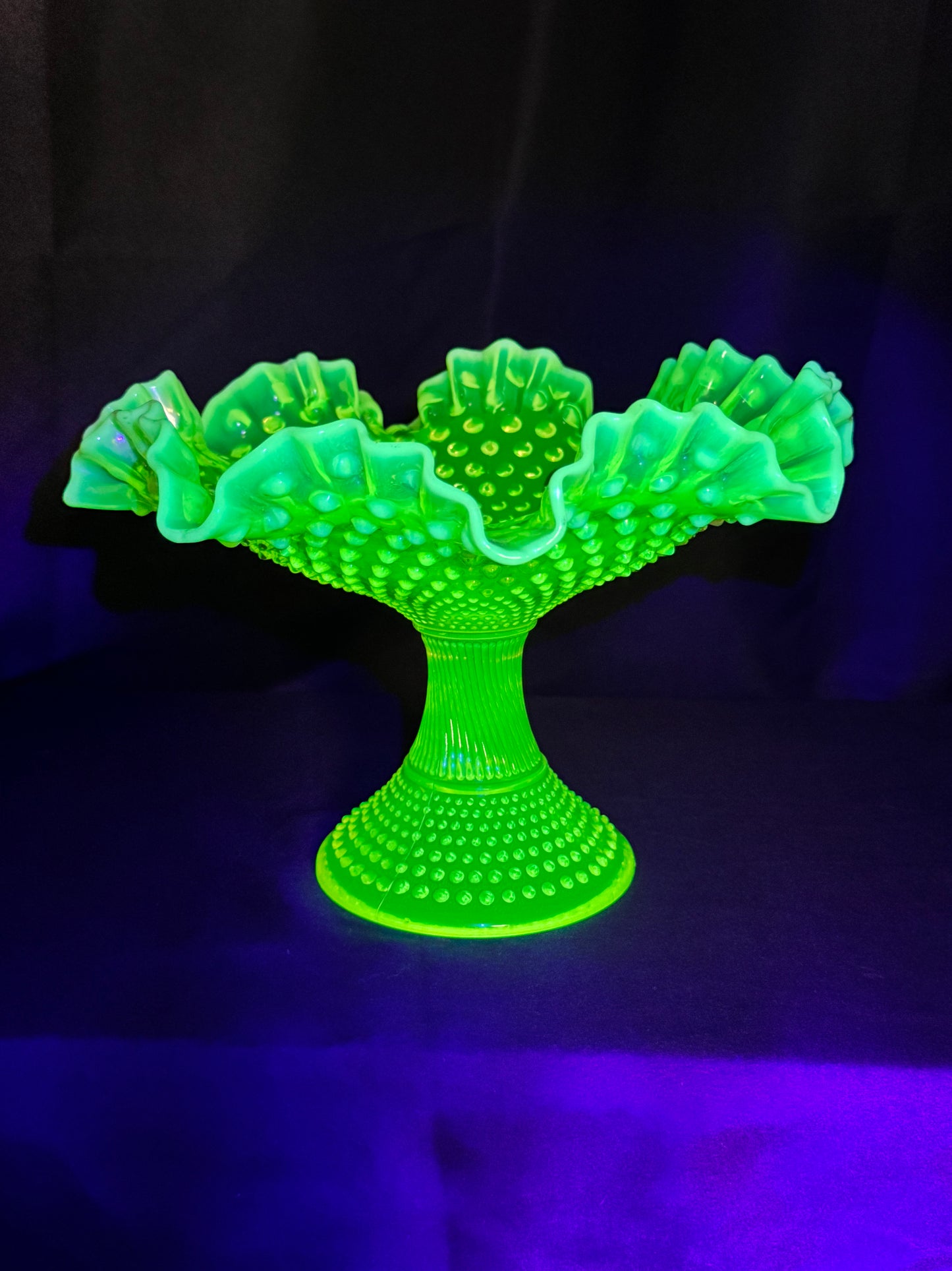 Uranium Fenton Hobnail Topaz Opalescent Ruffled Compote – 11” Wide x 11.5” Tall