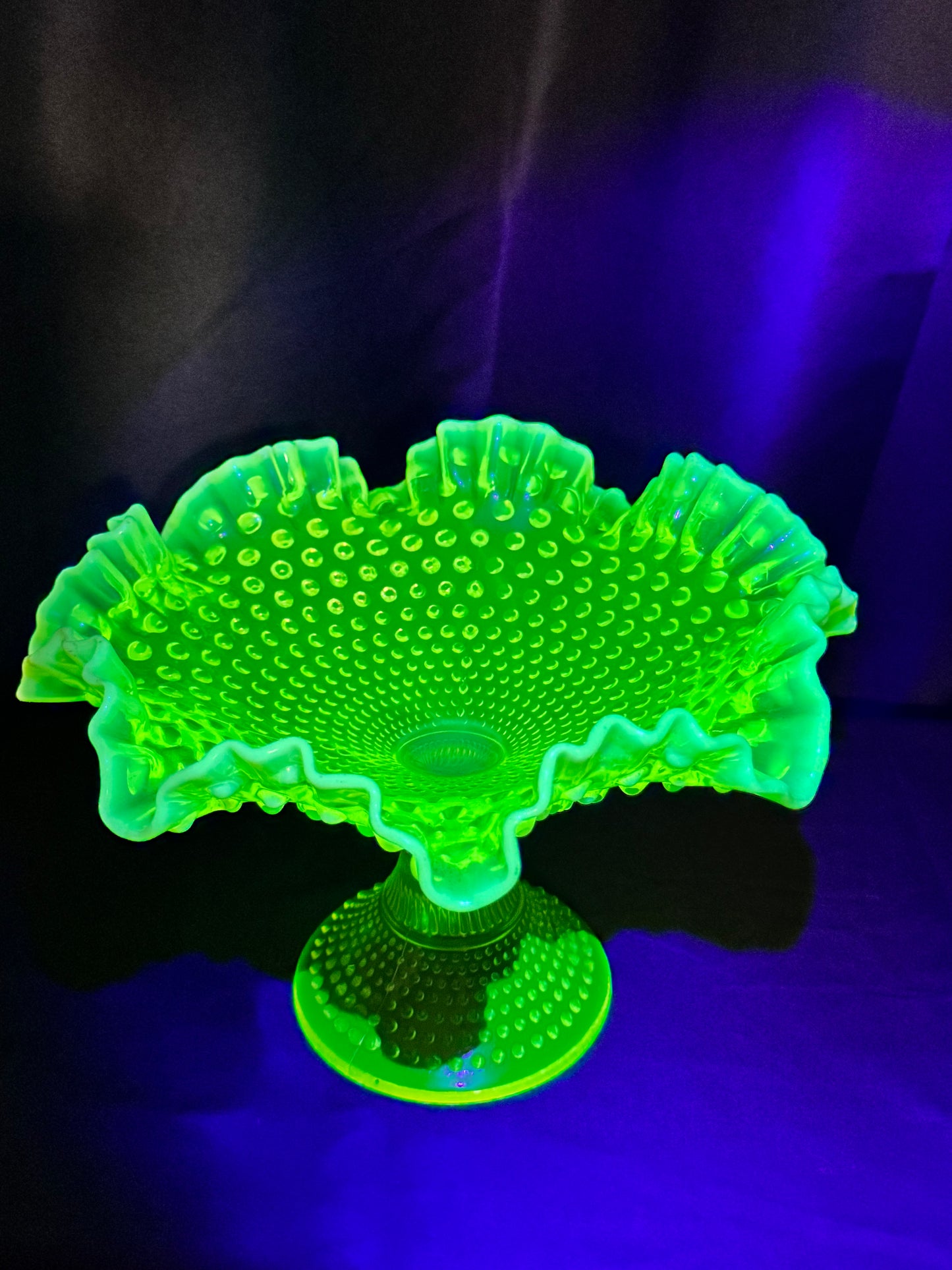 Uranium Fenton Hobnail Topaz Opalescent Ruffled Compote – 11” Wide x 11.5” Tall
