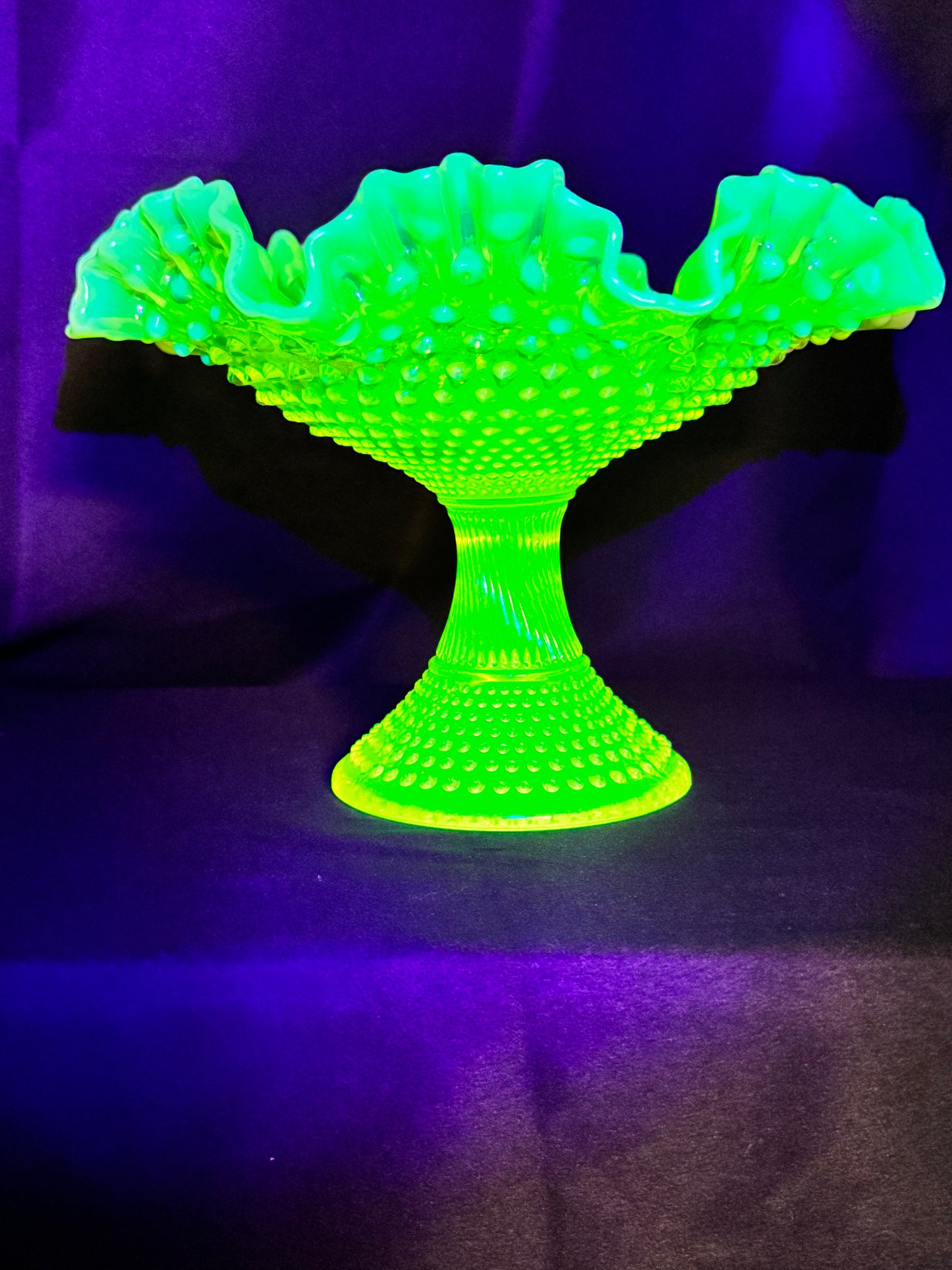 Uranium Fenton Hobnail Topaz Opalescent Ruffled Compote – 11” Wide x 11.5” Tall