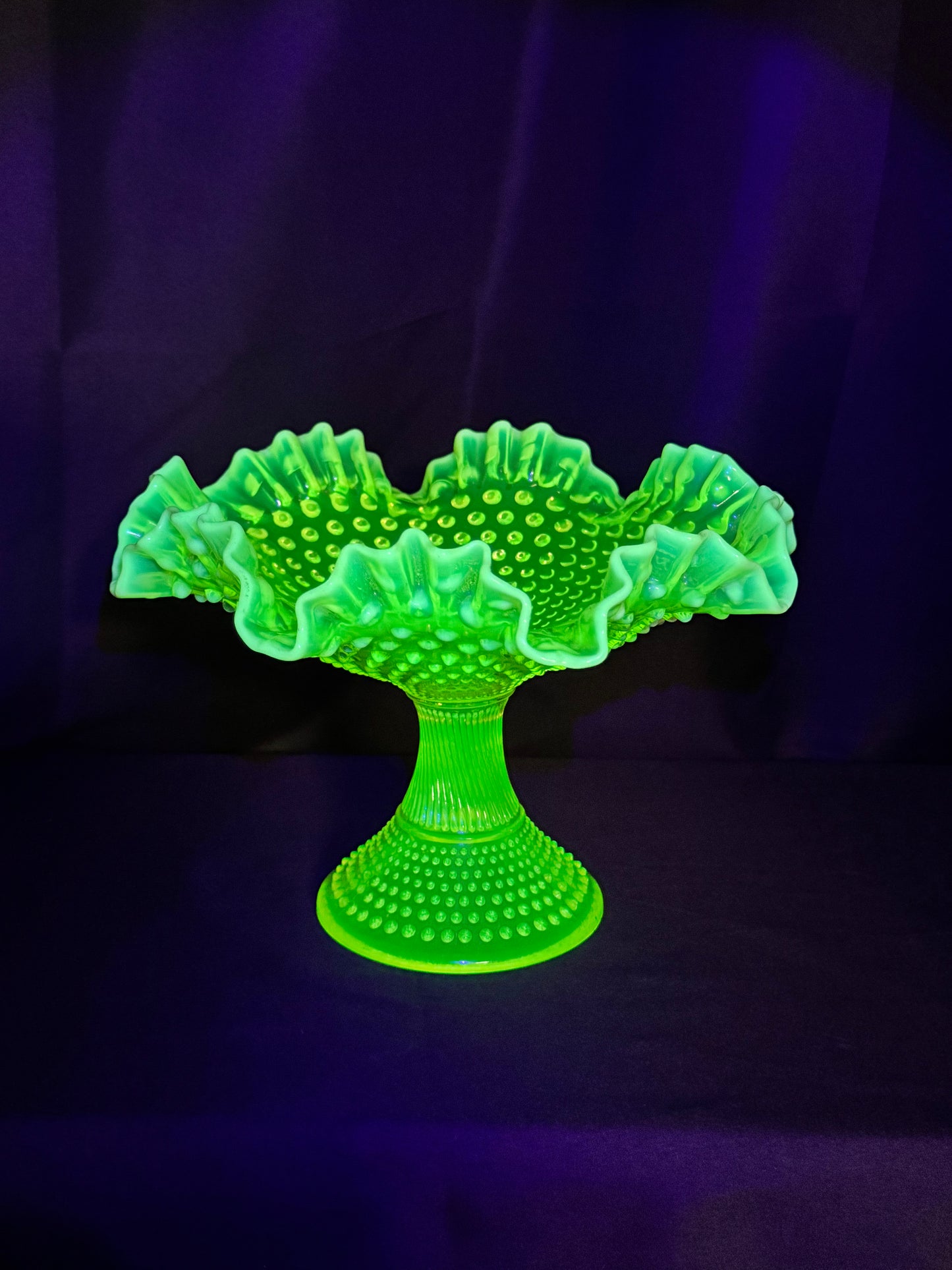 Uranium Fenton Hobnail Topaz Opalescent Ruffled Compote – 11” Wide x 11.5” Tall