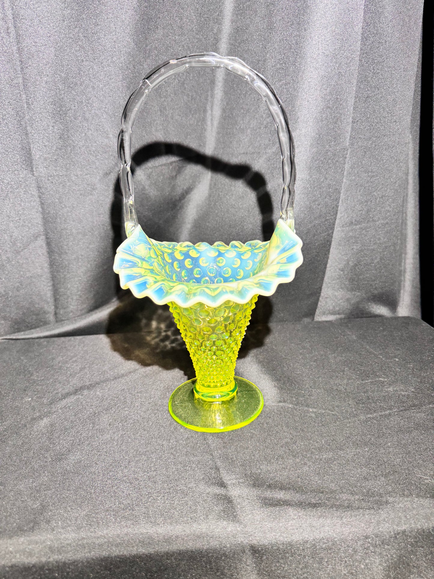 Uranium Fenton Hobnail Topaz Opalescent Basket