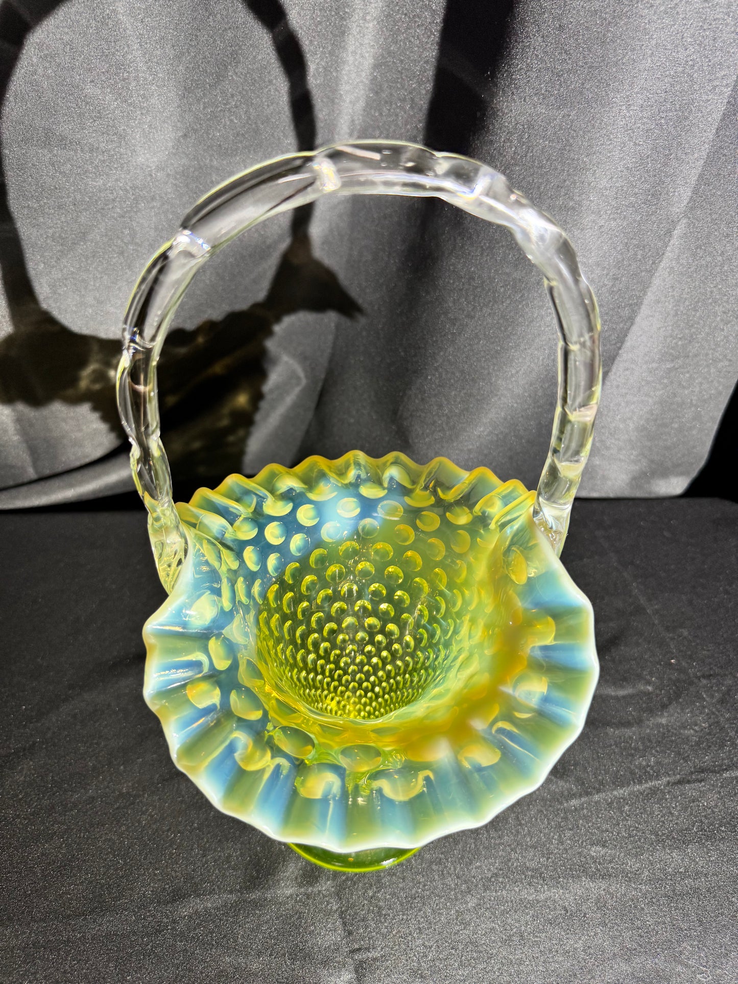 Uranium Fenton Hobnail Topaz Opalescent Basket