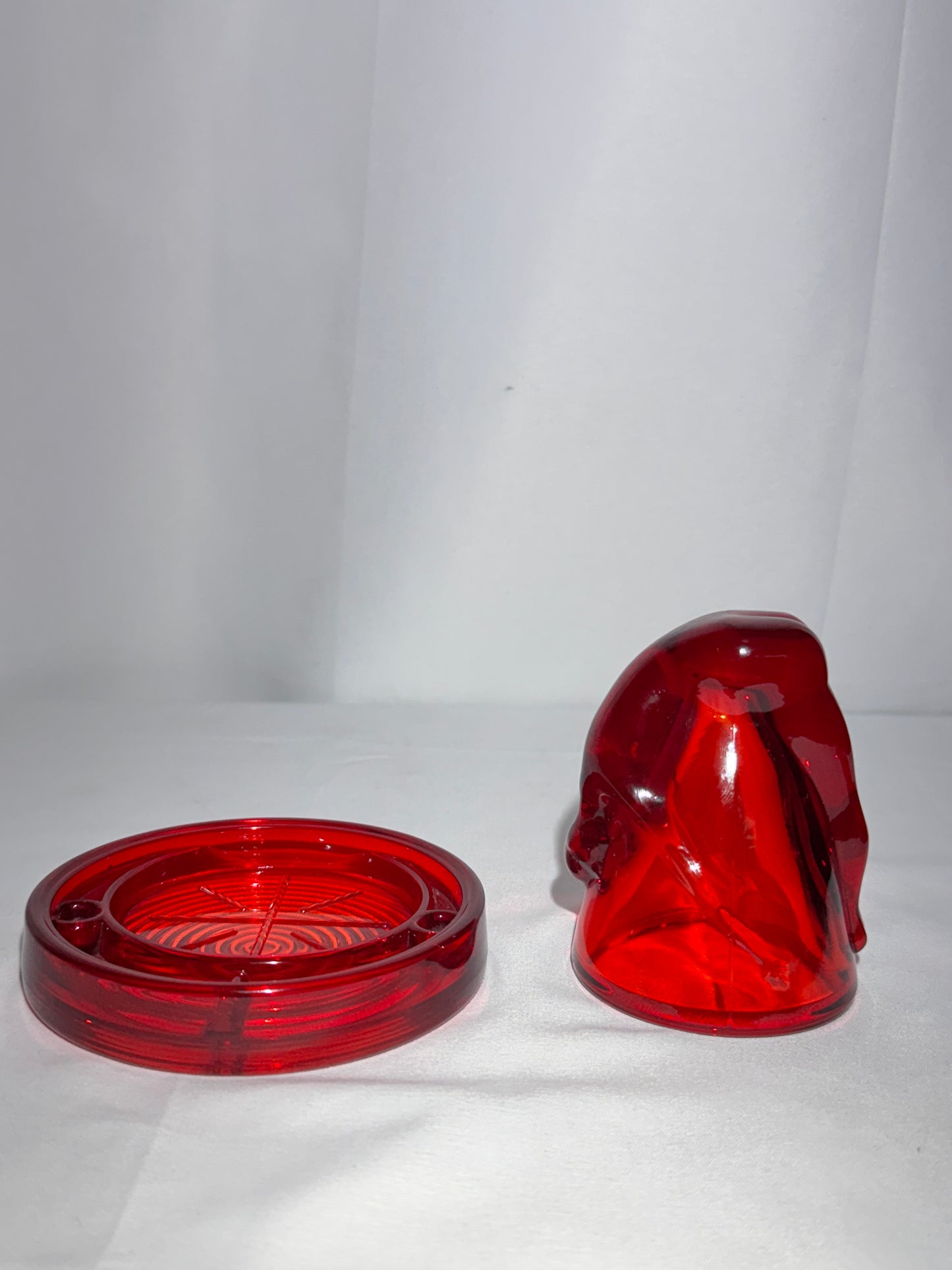 “Bottoms Up - Shot Glass w/coaster- art deco- Red/Amberina/ cadmium