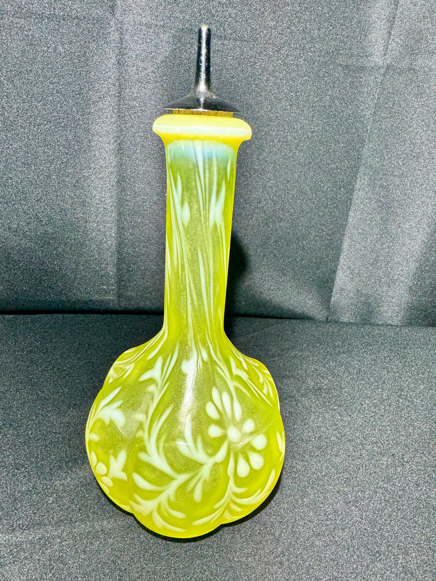 Uranium Fenton Glass Barber Bottle with Topper – Daisy & Fern Pattern – EAPG – 8 1/2”