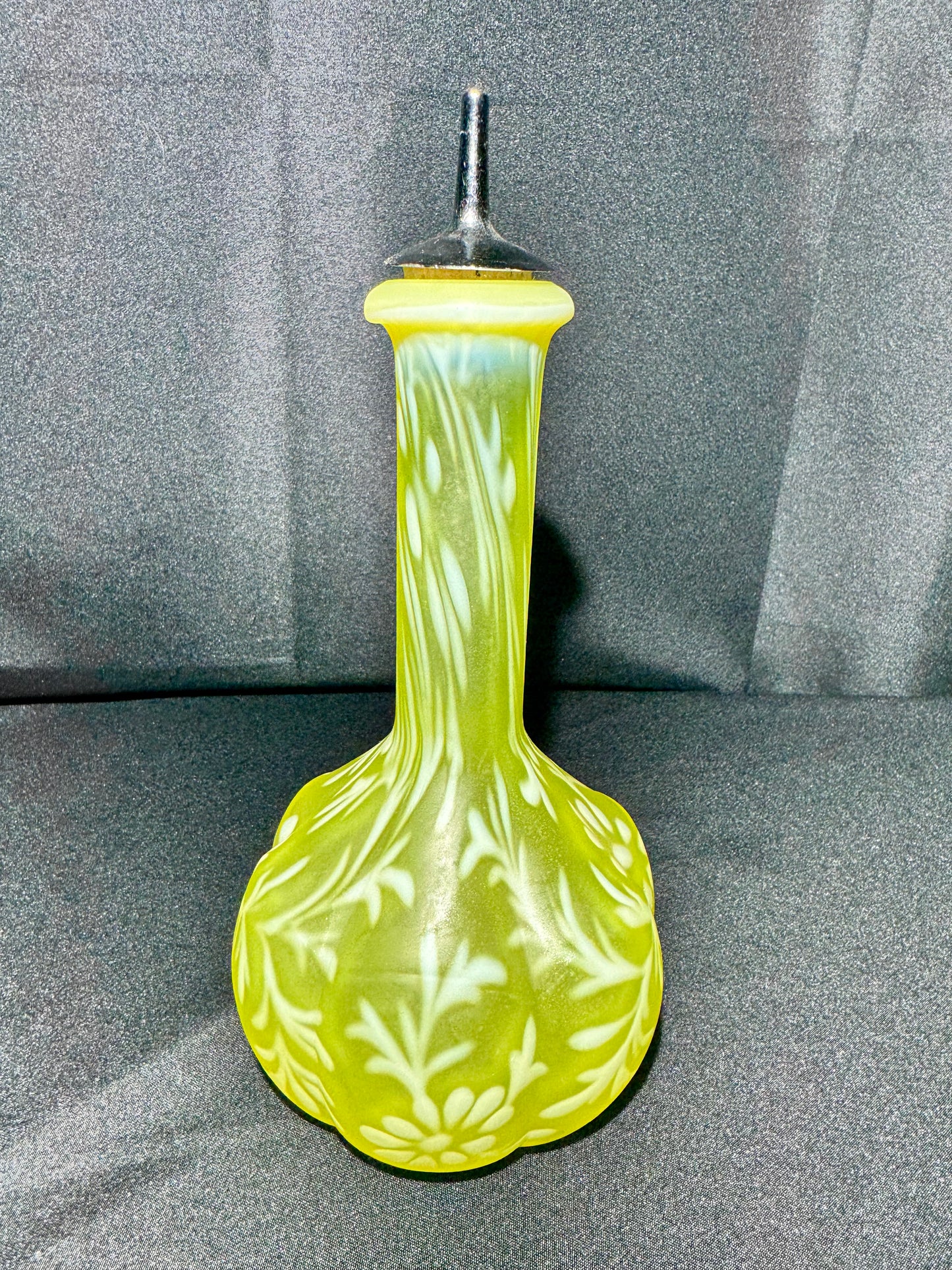 Uranium Fenton Glass Barber Bottle with Topper – Daisy & Fern Pattern – EAPG – 8 1/2”