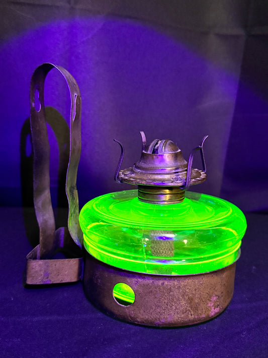 Uranium Glass Oil Lamp with Metal Hanging Wall Mount Base
