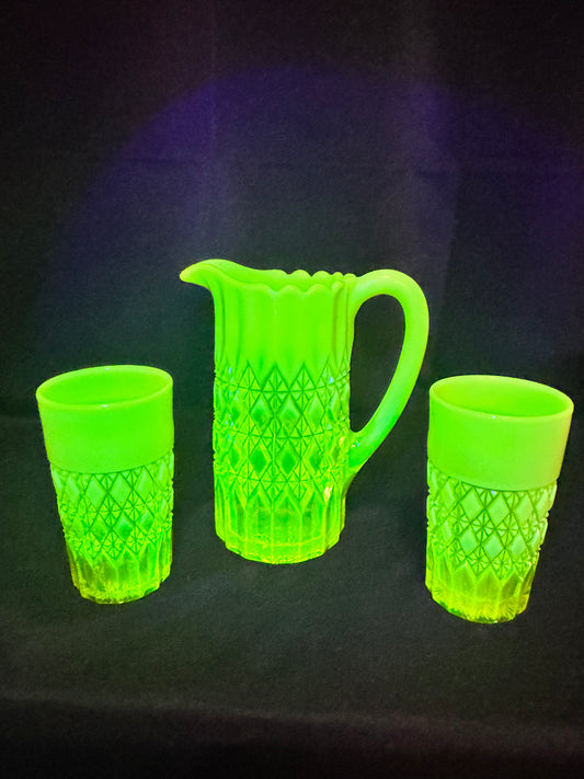 George Davidson – Pearline Opalescent Uranium Glass Pitcher and 2 Tumblers – Vintage EAPG