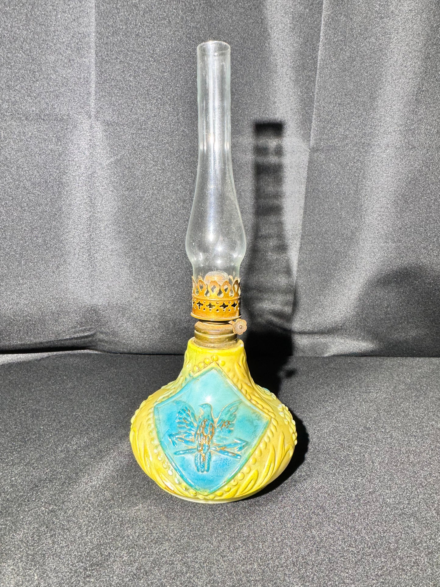 Vintage Miniature Milk Glass Oil Lamp – Eagle Design – Blue & Green with Glass Chimney