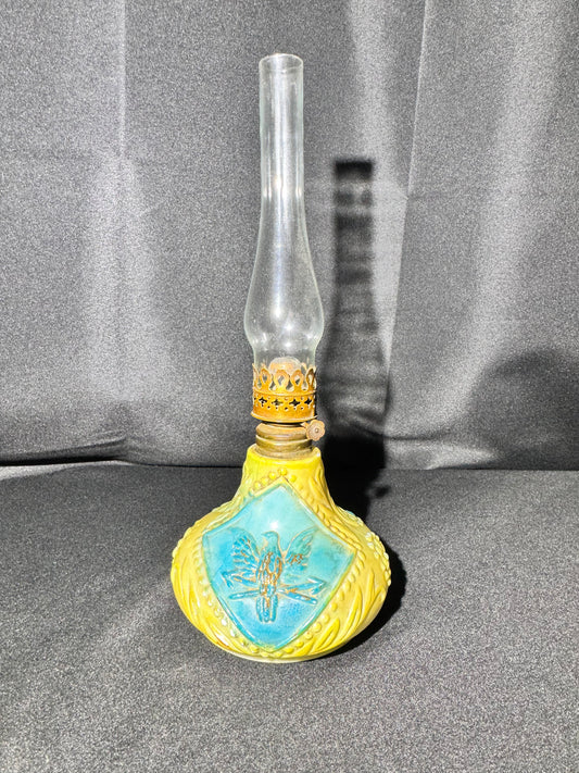 Vintage Miniature Milk Glass Oil Lamp – Eagle Design – Blue & Green with Glass Chimney