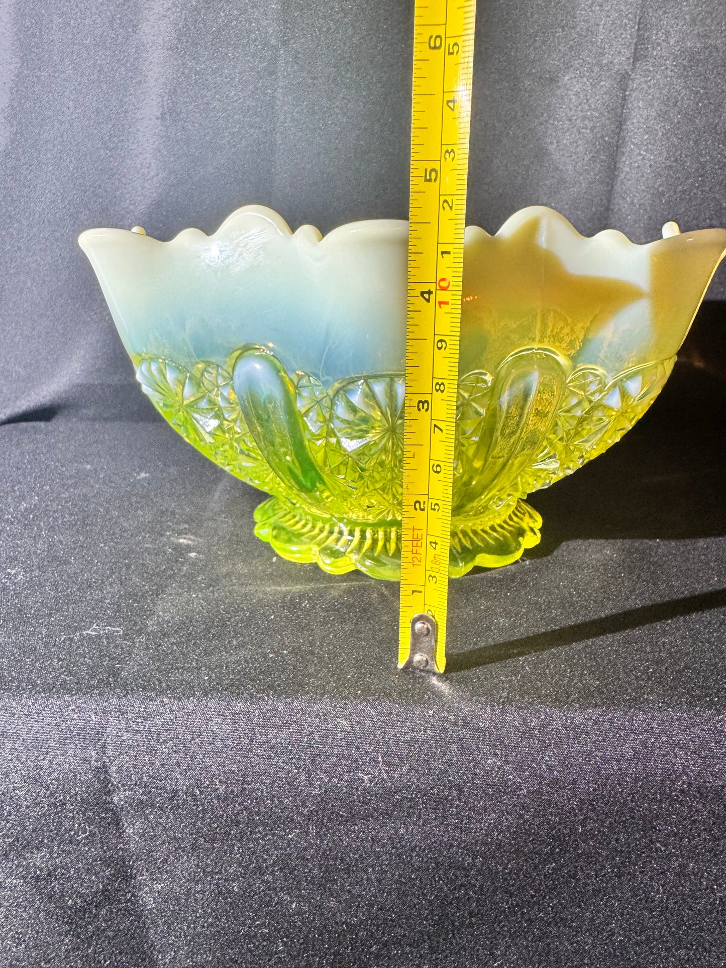 Antique Davidson Lady Chippendale Uranium Glass Bowl – Etched Number 176566 – Opalescent EAPG