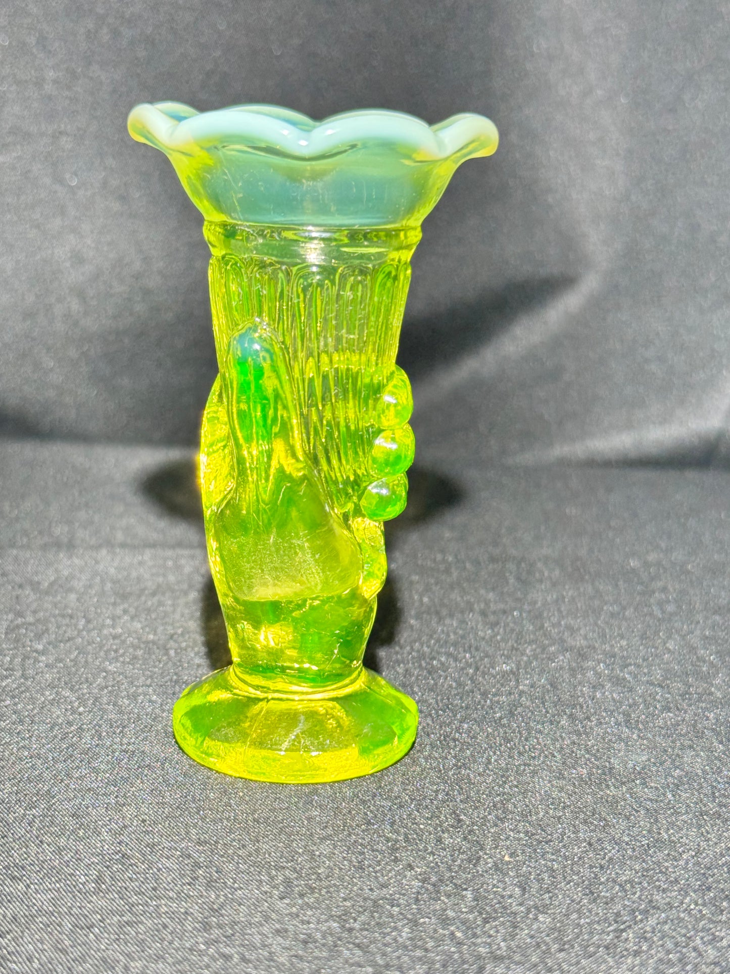 Uranium- topaz Opalescent- Cornucopia in Hand - Bud Vase
