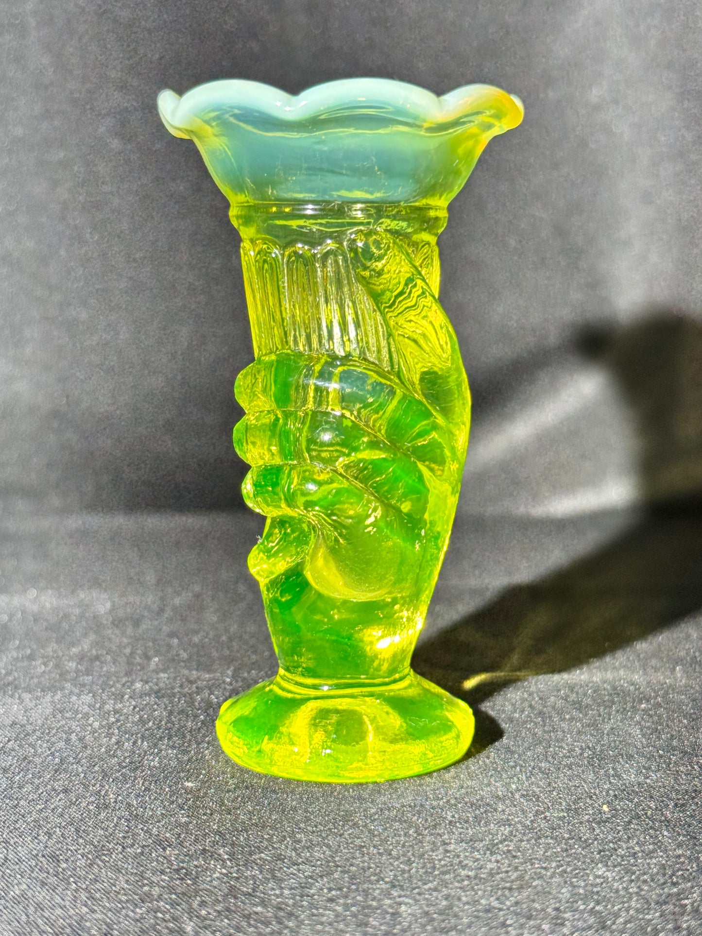 Uranium- topaz Opalescent- Cornucopia in Hand - Bud Vase
