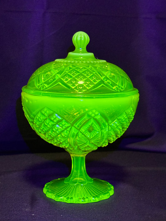 George Davidson Pearline Stemmed Basin with Cover – 1896 – Uranium Opalescent – Etched RD325539
