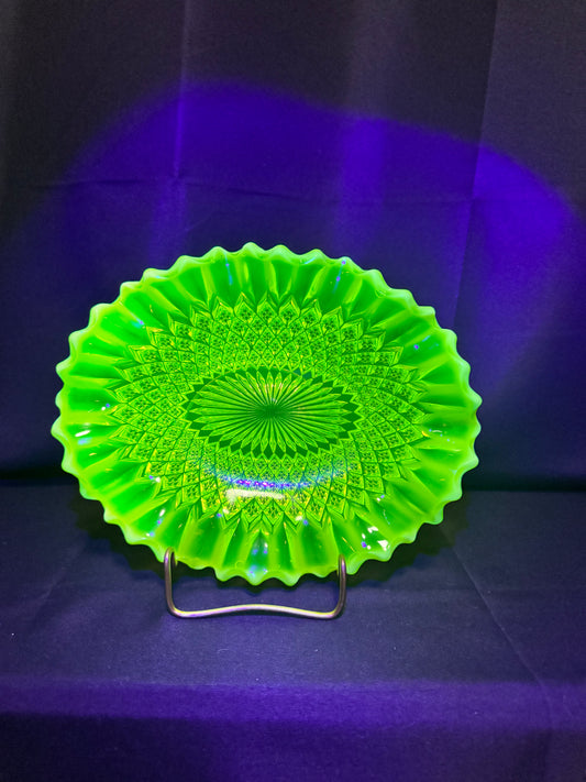 Davidson Primrose Pearline Somerset Ruffled Oval Bowl – Uranium Glass – c.1890s – 9.5” x 7.5”