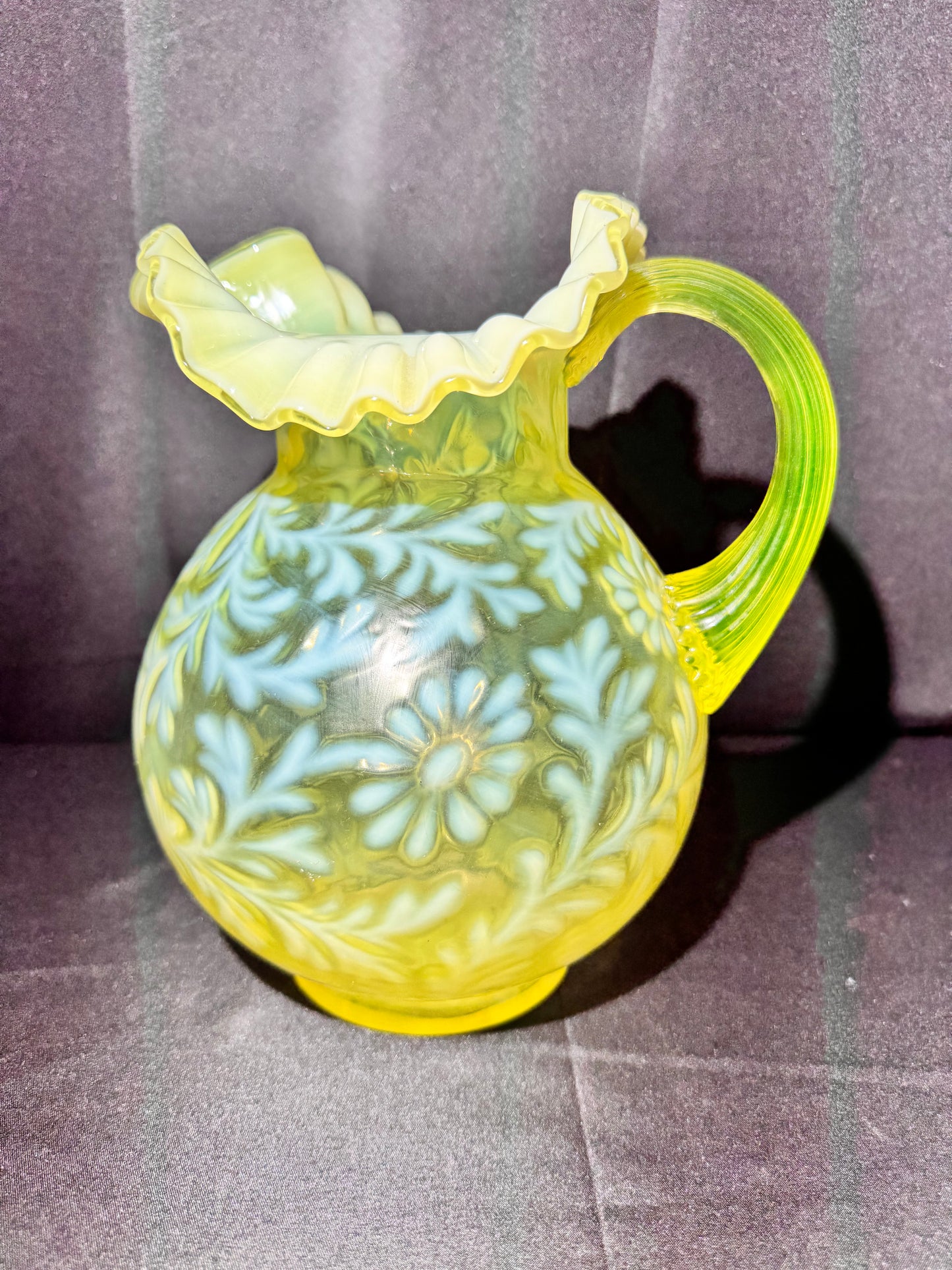 Uranium Vintage Glass - Fern & Daisy - Pitcher- Topaz Opalescent