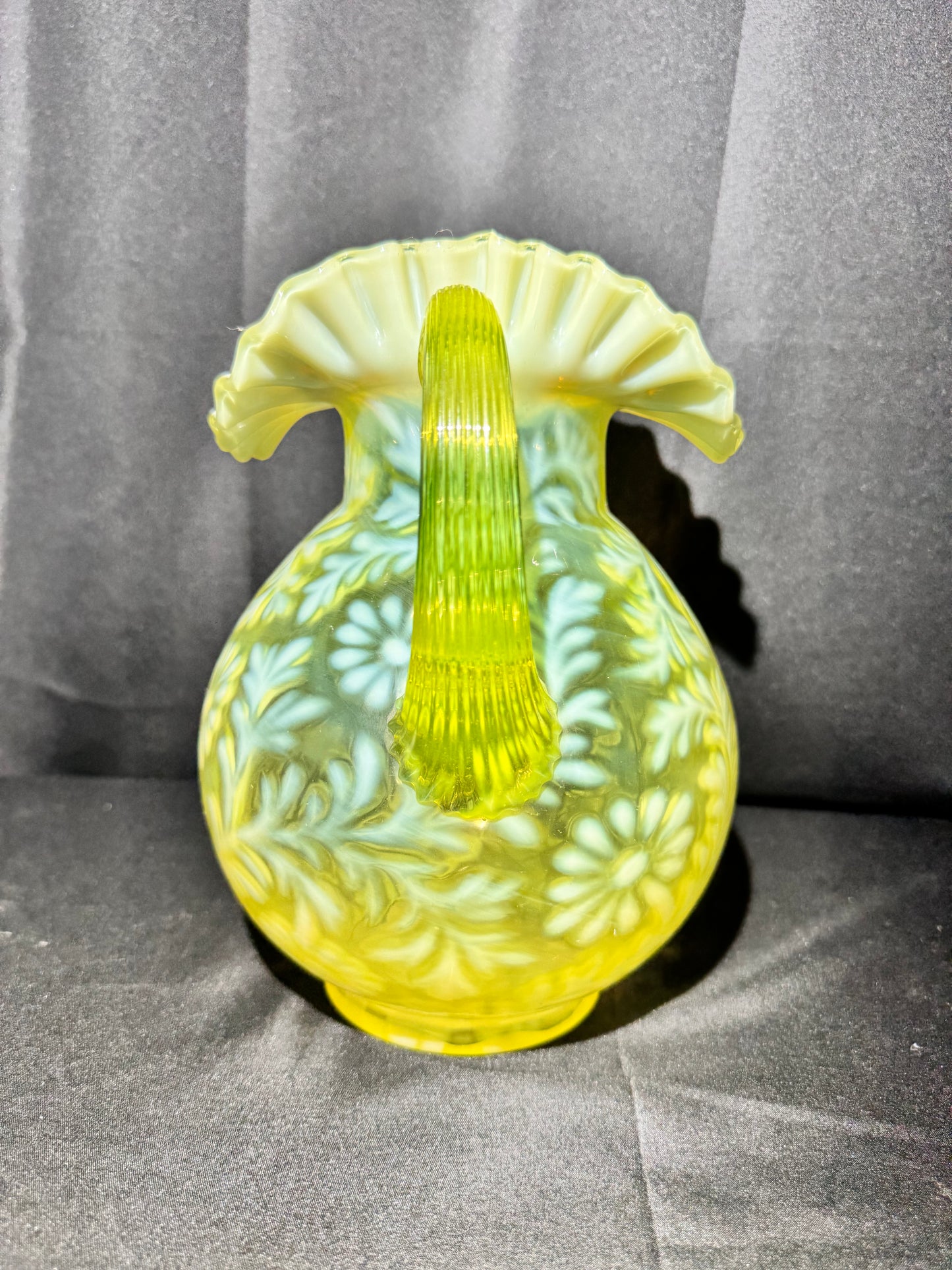 Uranium Vintage Glass - Fern & Daisy - Pitcher- Topaz Opalescent