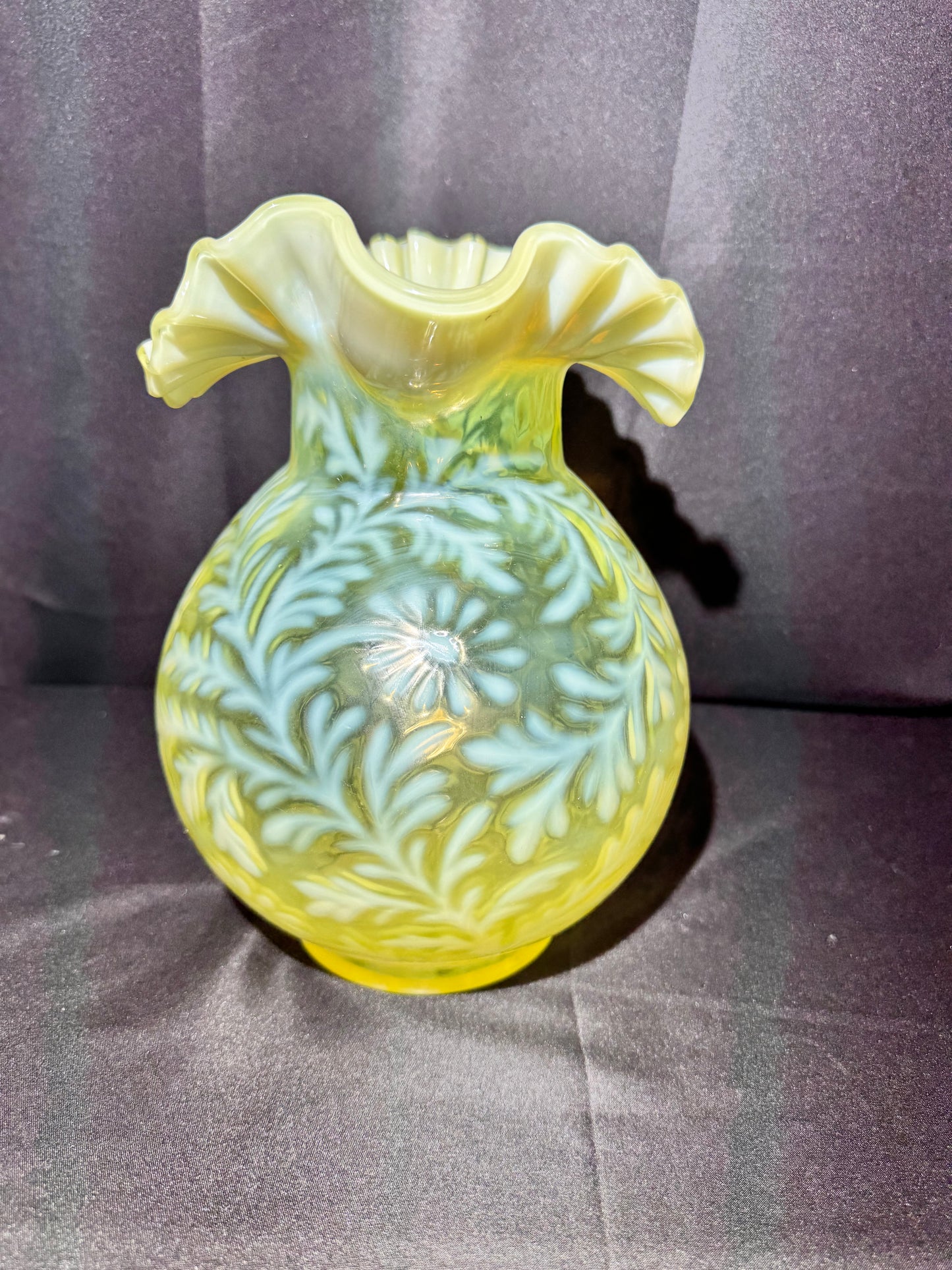 Uranium Vintage Glass - Fern & Daisy - Pitcher- Topaz Opalescent