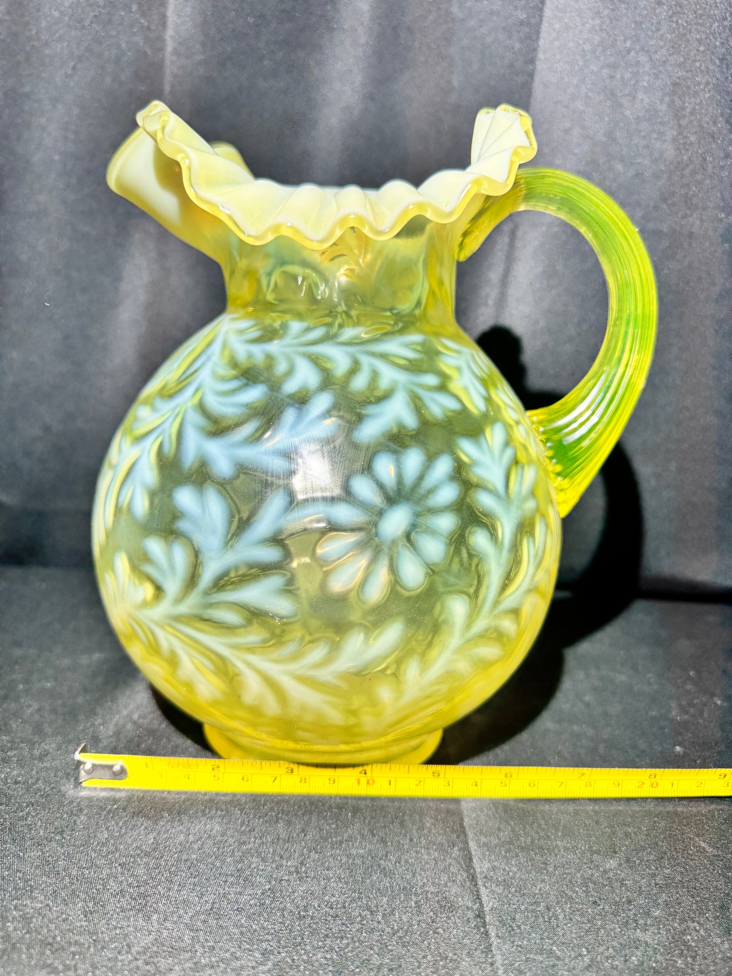 Uranium Vintage Glass - Fern & Daisy - Pitcher- Topaz Opalescent