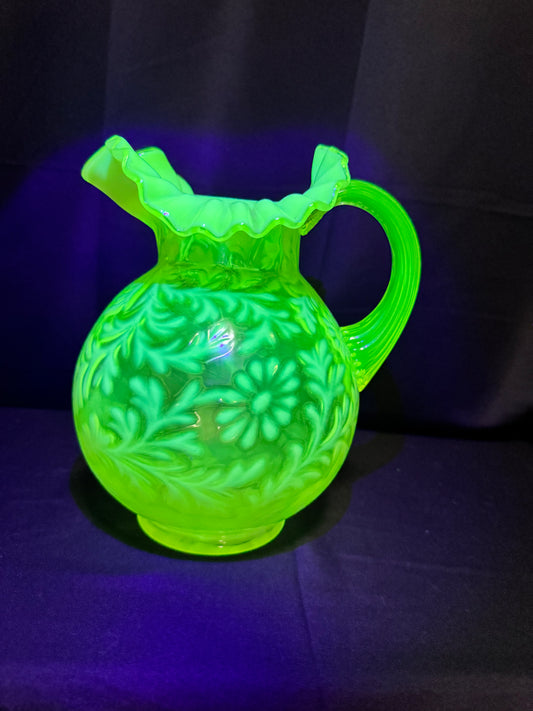Uranium Vintage Glass - Fern & Daisy - Pitcher- Topaz Opalescent