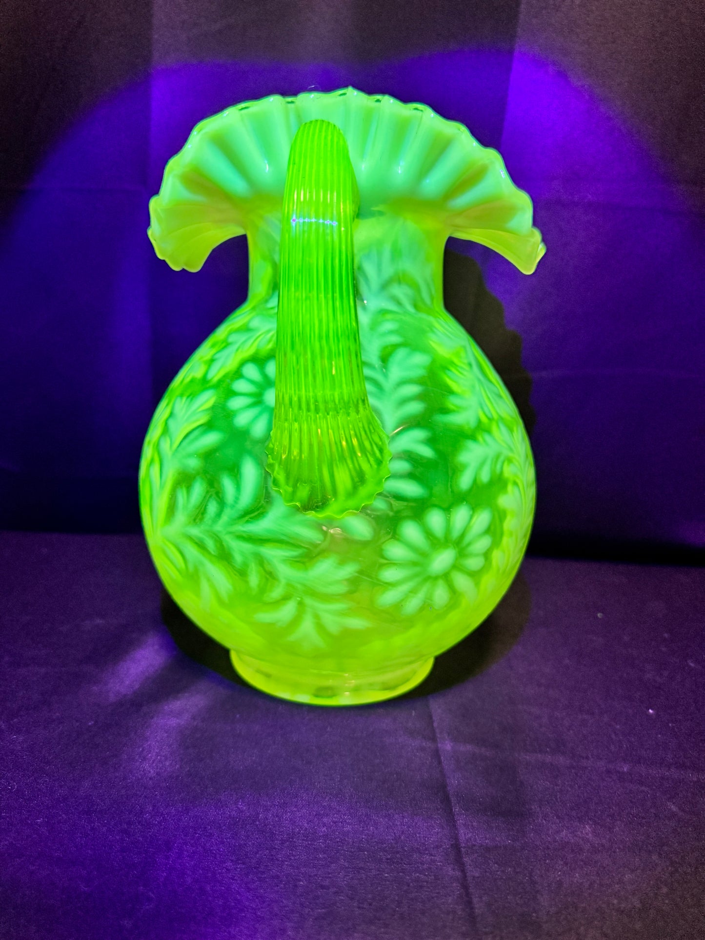 Uranium Vintage Glass - Fern & Daisy - Pitcher- Topaz Opalescent