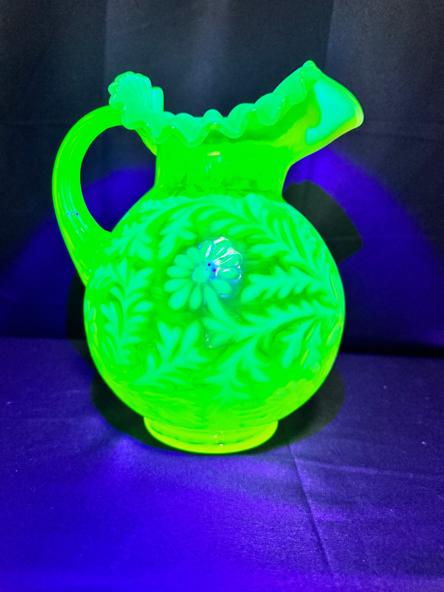 Uranium Vintage Glass - Fern & Daisy - Pitcher- Topaz Opalescent