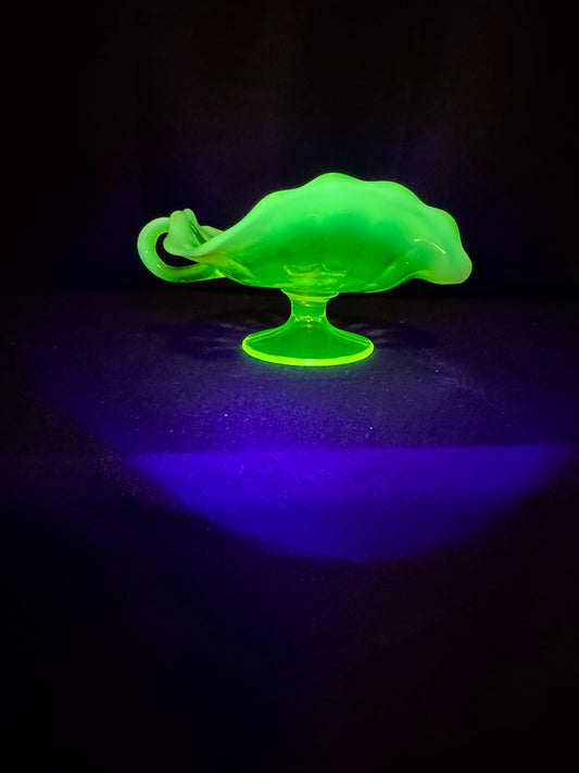Uranium Glass “Plain Jane” Nappy Dish on Pedestal with Handle – Glows Bright Green Under UV Light