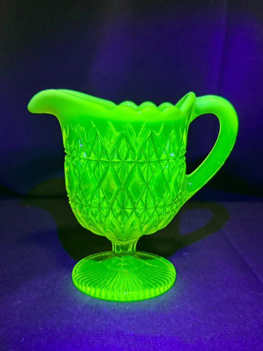 Uranium Glass - Davidson “Prince William” Primrose Pearline Pedestal Creamer RD217752 – 4”