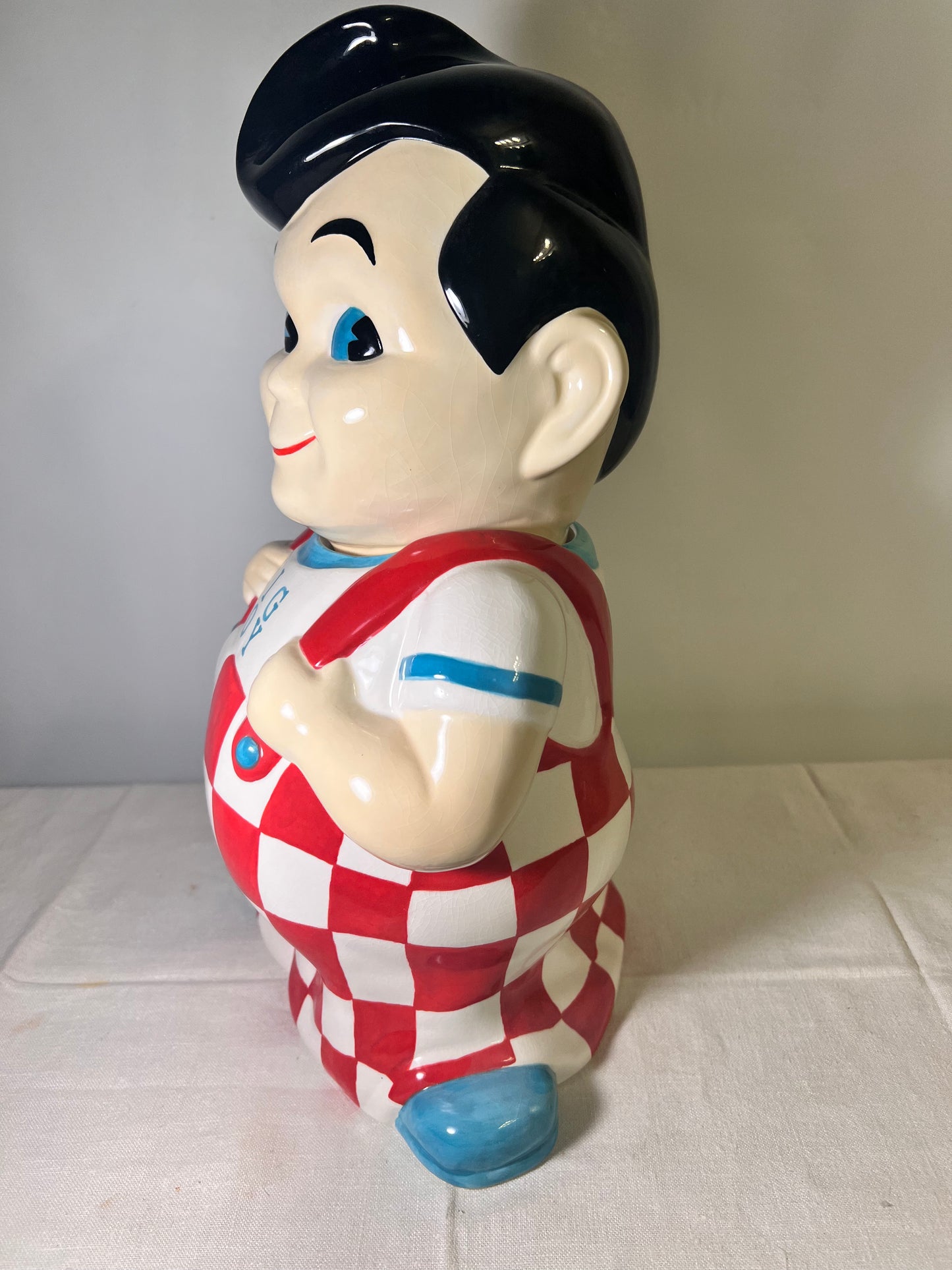 Bob’s Big Boy - 14 1/2” Cookie Jar- plaid overalls-teal shoes and shirt