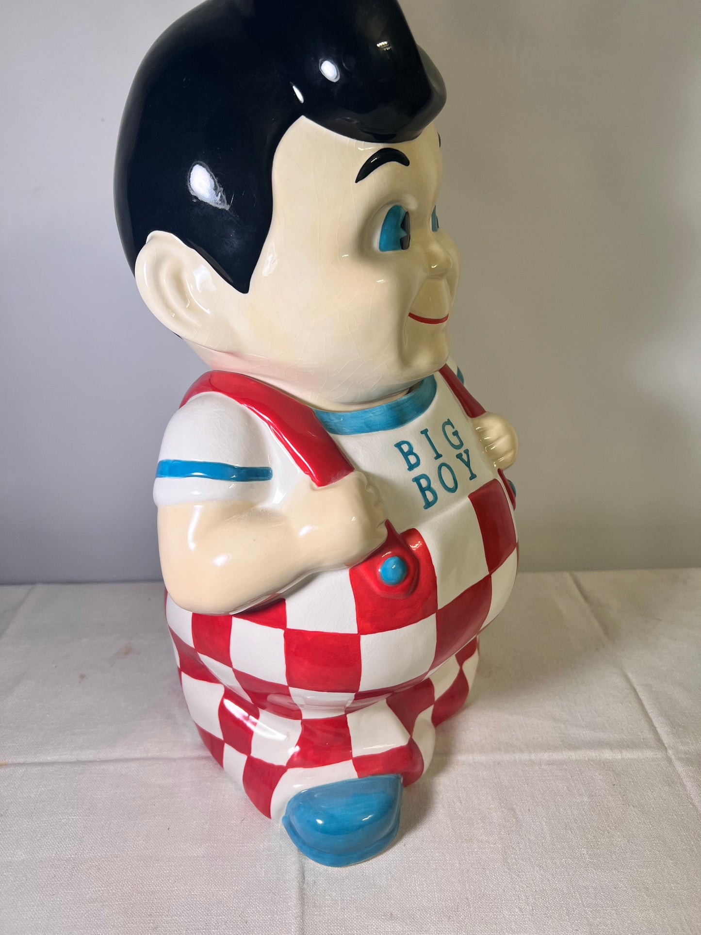 Bob’s Big Boy - 14 1/2” Cookie Jar- plaid overalls-teal shoes and shirt