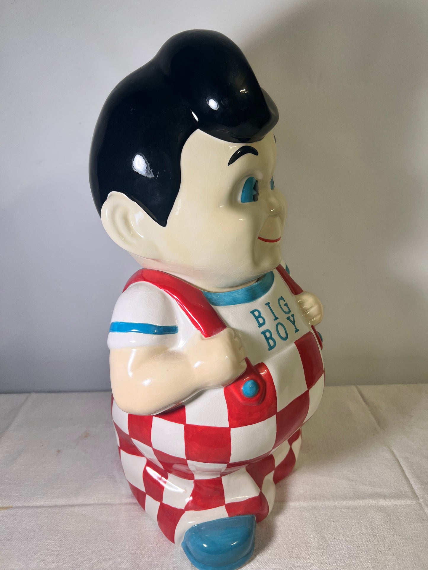 Bob’s Big Boy - 14 1/2” Cookie Jar- plaid overalls-teal shoes and shirt