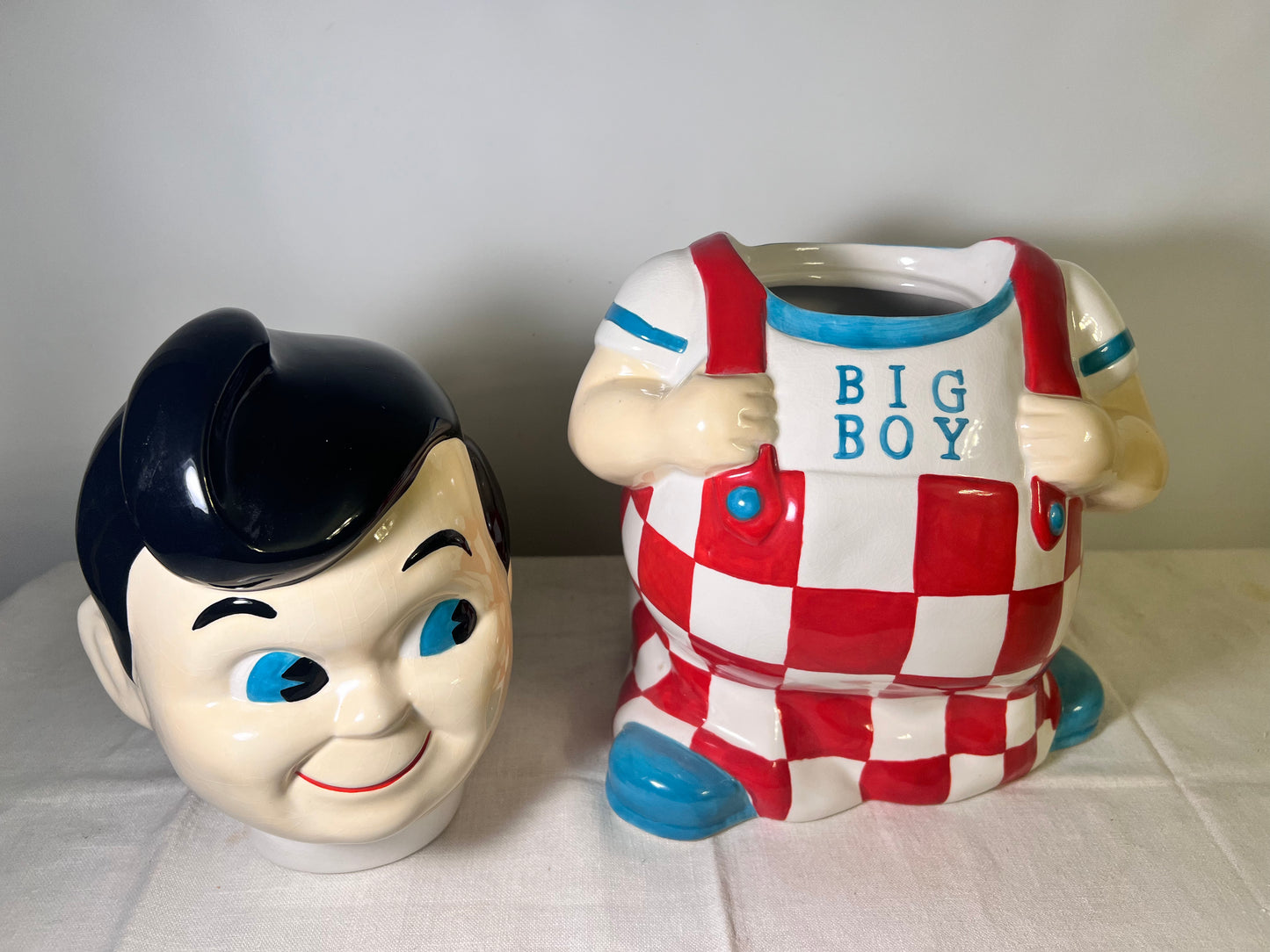 Bob’s Big Boy - 14 1/2” Cookie Jar- plaid overalls-teal shoes and shirt