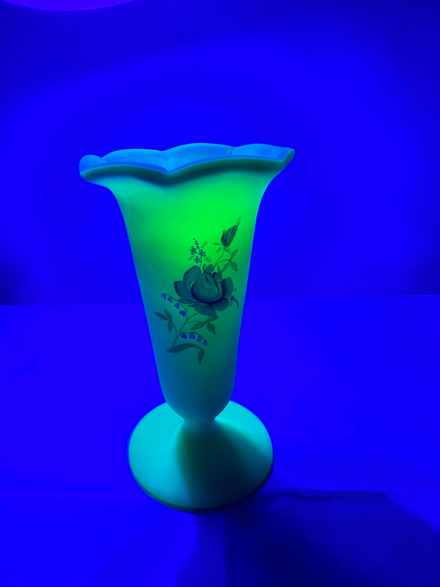 Uranium- Burmese satin- Fenton- 5” vase- hand painted and signed by Pam Miller inspired by Mary Wabtath