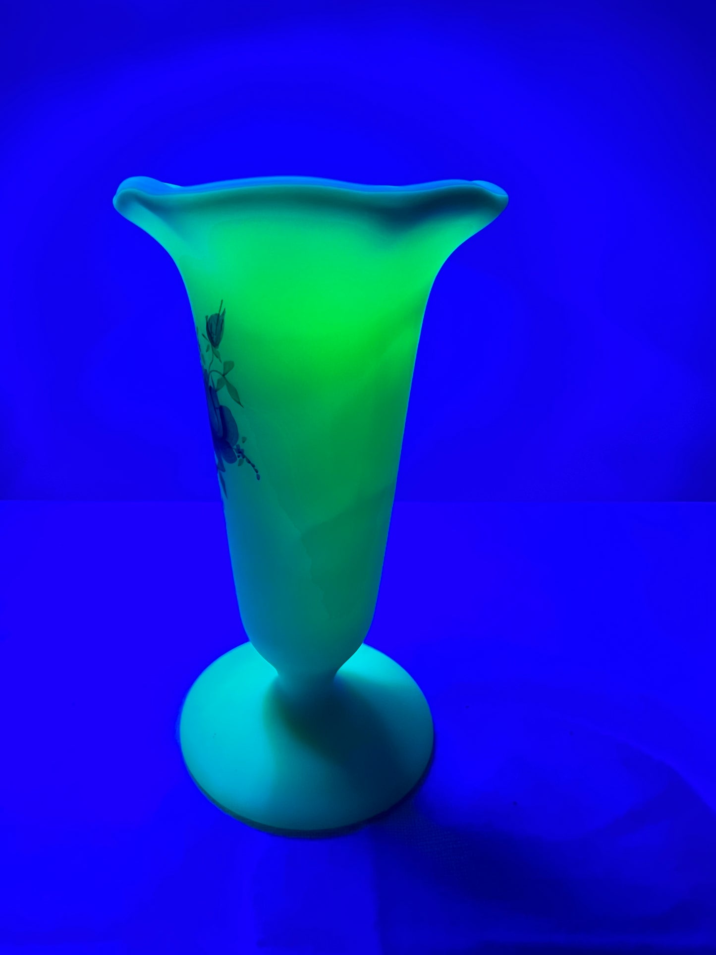 Uranium- Burmese satin- Fenton- 5” vase- hand painted and signed by Pam Miller inspired by Mary Wabtath