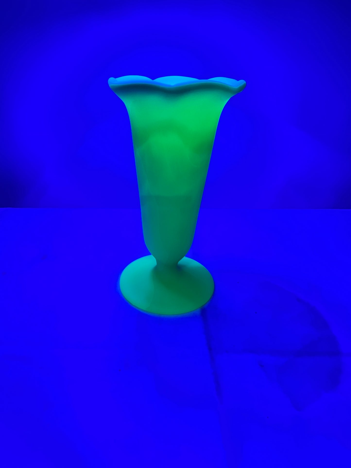 Uranium- Burmese satin- Fenton- 5” vase- hand painted and signed by Pam Miller inspired by Mary Wabtath