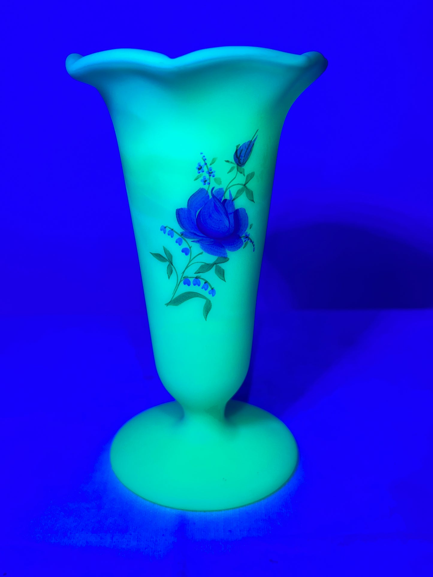 Uranium- Burmese satin- Fenton- 5” vase- hand painted and signed by Pam Miller inspired by Mary Wabtath