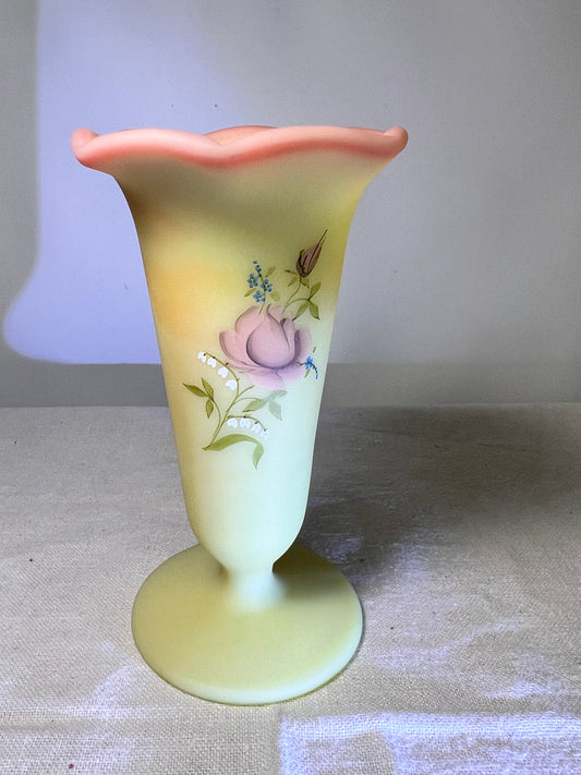 Uranium- Burmese satin- Fenton- 5” vase- hand painted and signed by Pam Miller inspired by Mary Wabtath