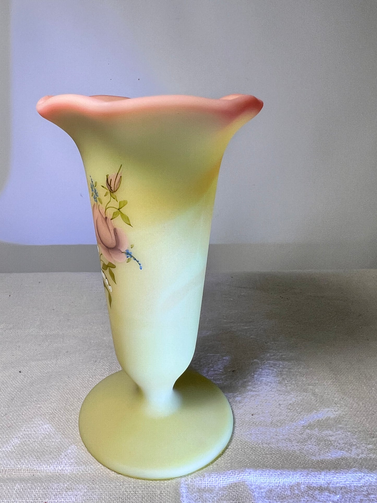 Uranium- Burmese satin- Fenton- 5” vase- hand painted and signed by Pam Miller inspired by Mary Wabtath