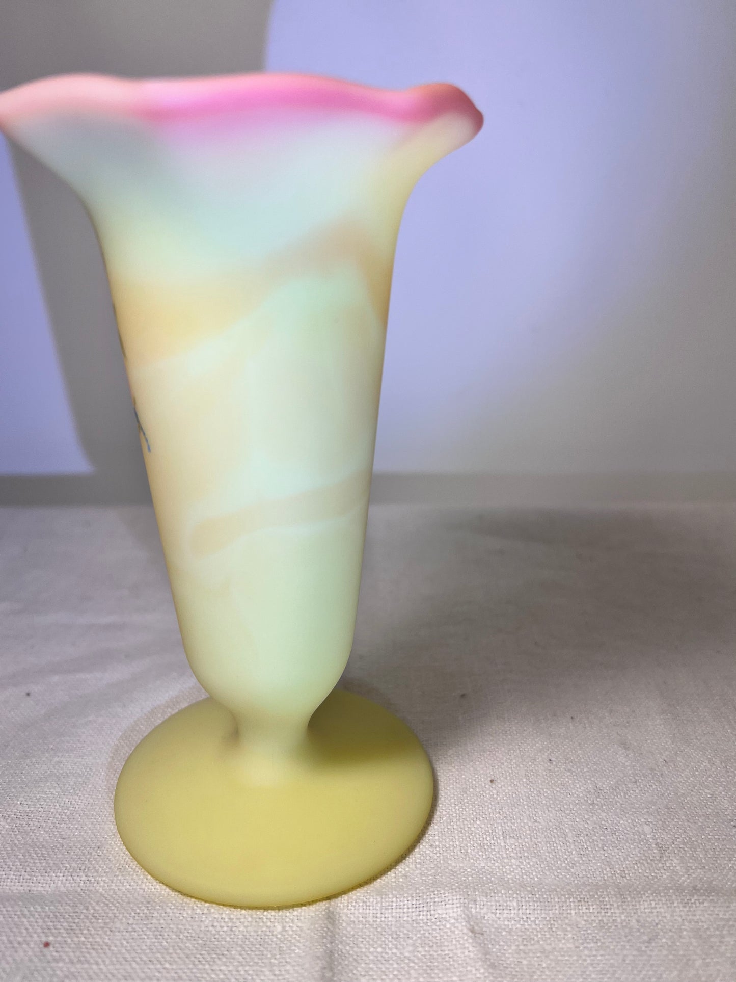 Uranium- Burmese satin- Fenton- 5” vase- hand painted and signed by Pam Miller inspired by Mary Wabtath