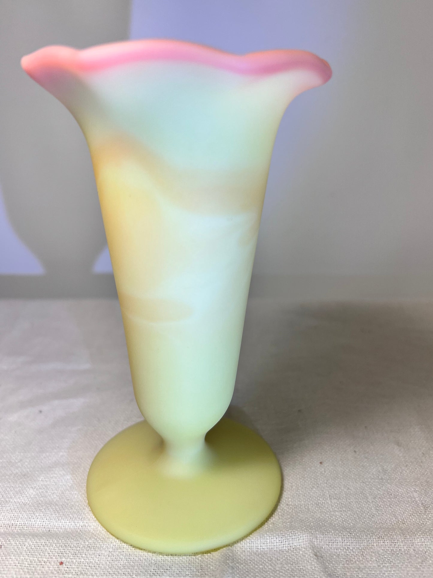 Uranium- Burmese satin- Fenton- 5” vase- hand painted and signed by Pam Miller inspired by Mary Wabtath