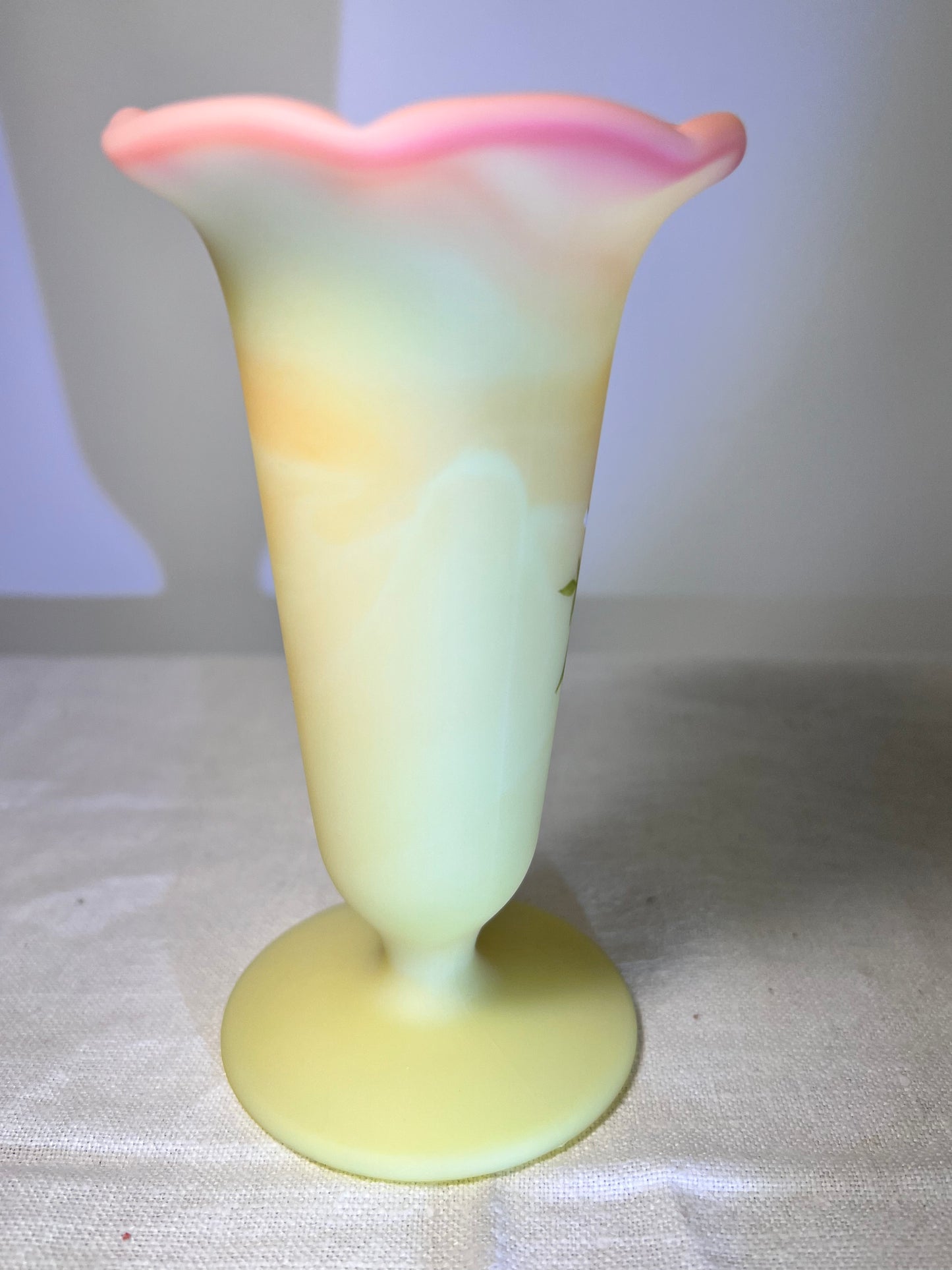 Uranium- Burmese satin- Fenton- 5” vase- hand painted and signed by Pam Miller inspired by Mary Wabtath