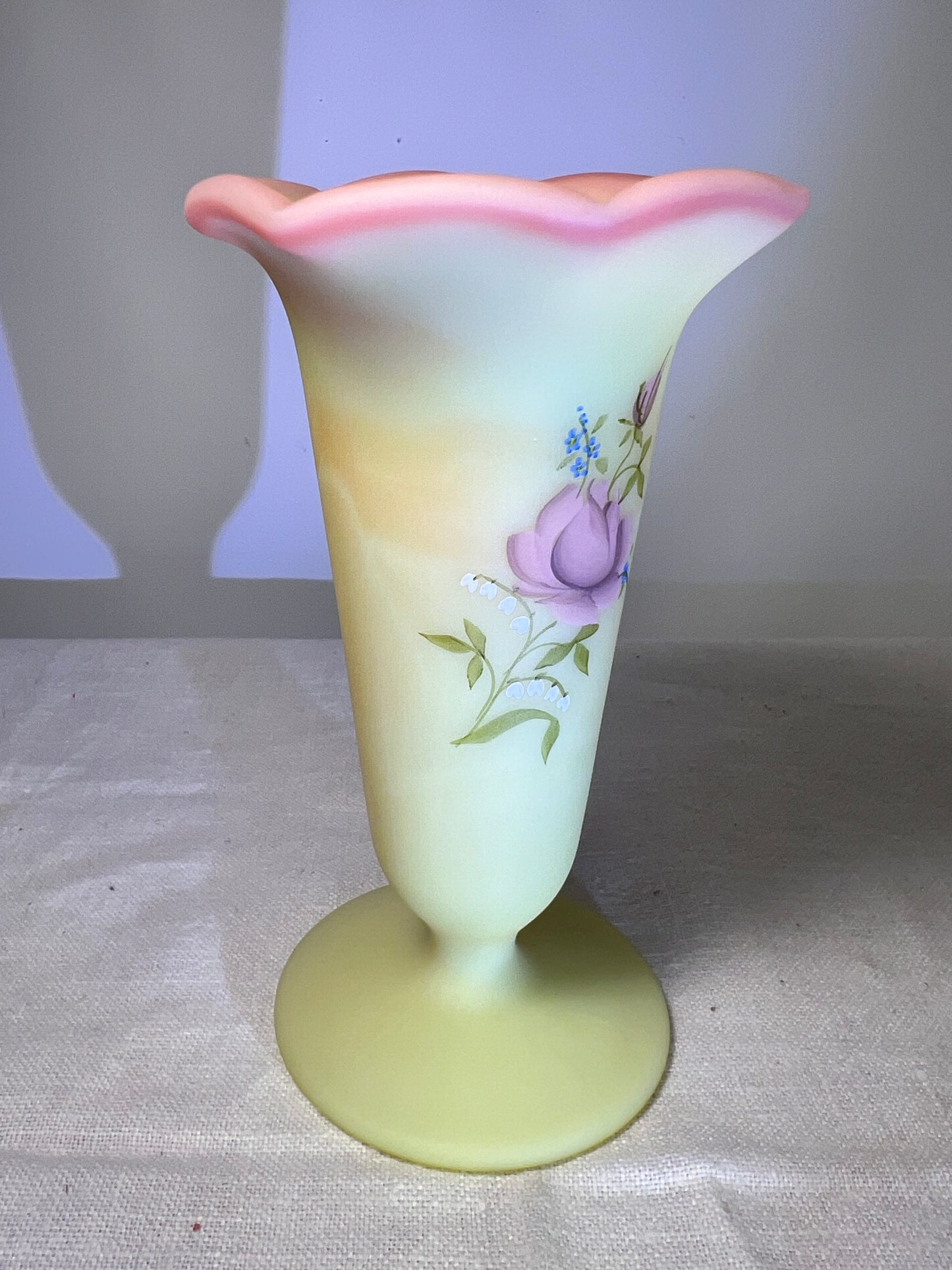 Uranium- Burmese satin- Fenton- 5” vase- hand painted and signed by Pam Miller inspired by Mary Wabtath