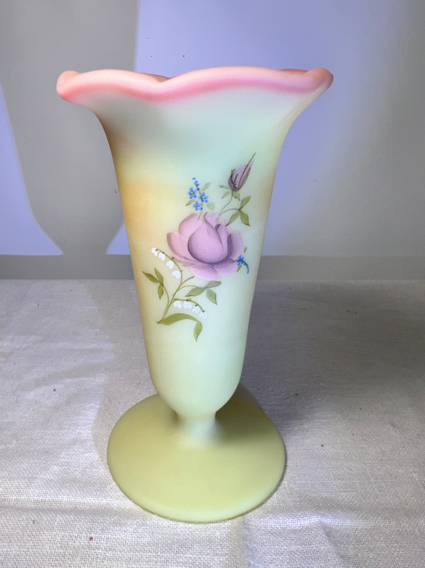 Uranium- Burmese satin- Fenton- 5” vase- hand painted and signed by Pam Miller inspired by Mary Wabtath