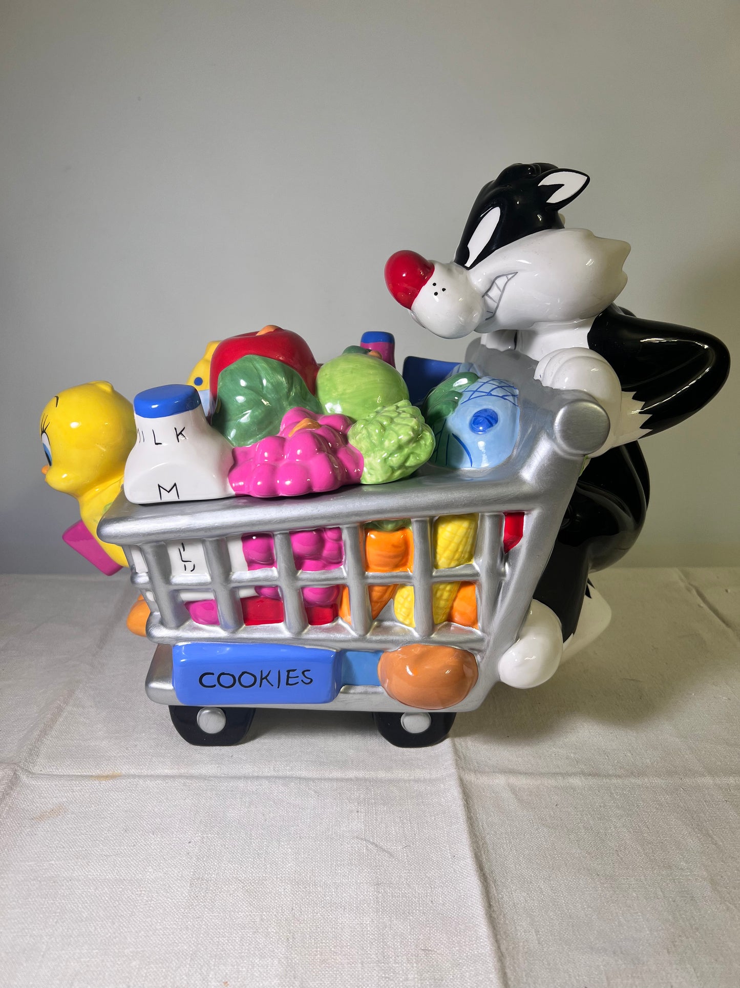 Tweety Bird and Sylvester-11” Shopping Cart Cookie Jar- Warner Brothers- Looney Tunes-1999