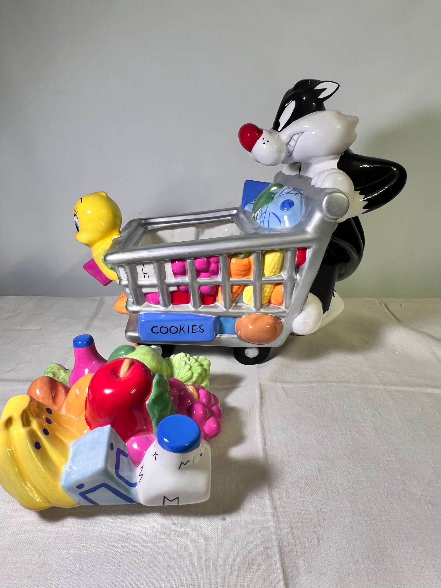 Tweety Bird and Sylvester-11” Shopping Cart Cookie Jar- Warner Brothers- Looney Tunes-1999